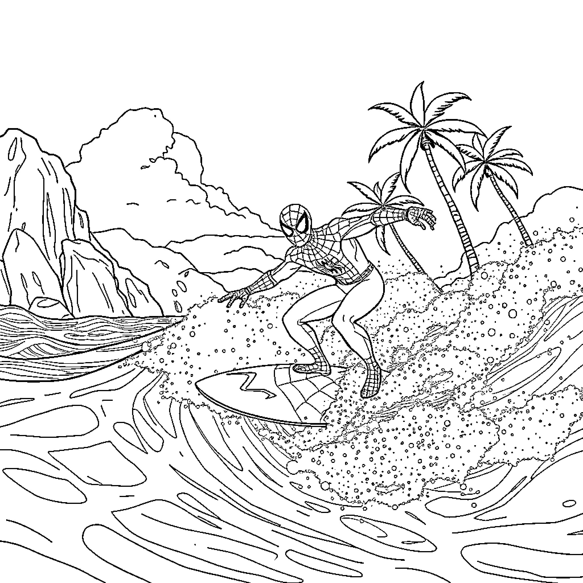 Spider-Man surfing in the ocean with palm trees Coloring Page (free black-and-white line drawing printable PDF for all, from beginners to advanced learners, including children, teens, adults, and seniors)
