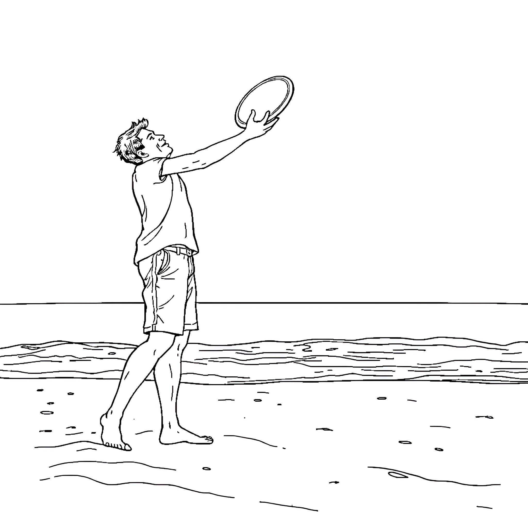 Guy enthusiastically playing with a frisbee on the beach Coloring Page (free black-and-white line drawing printable PDF for all, from beginners to advanced learners, including children, teens, adults, and seniors)