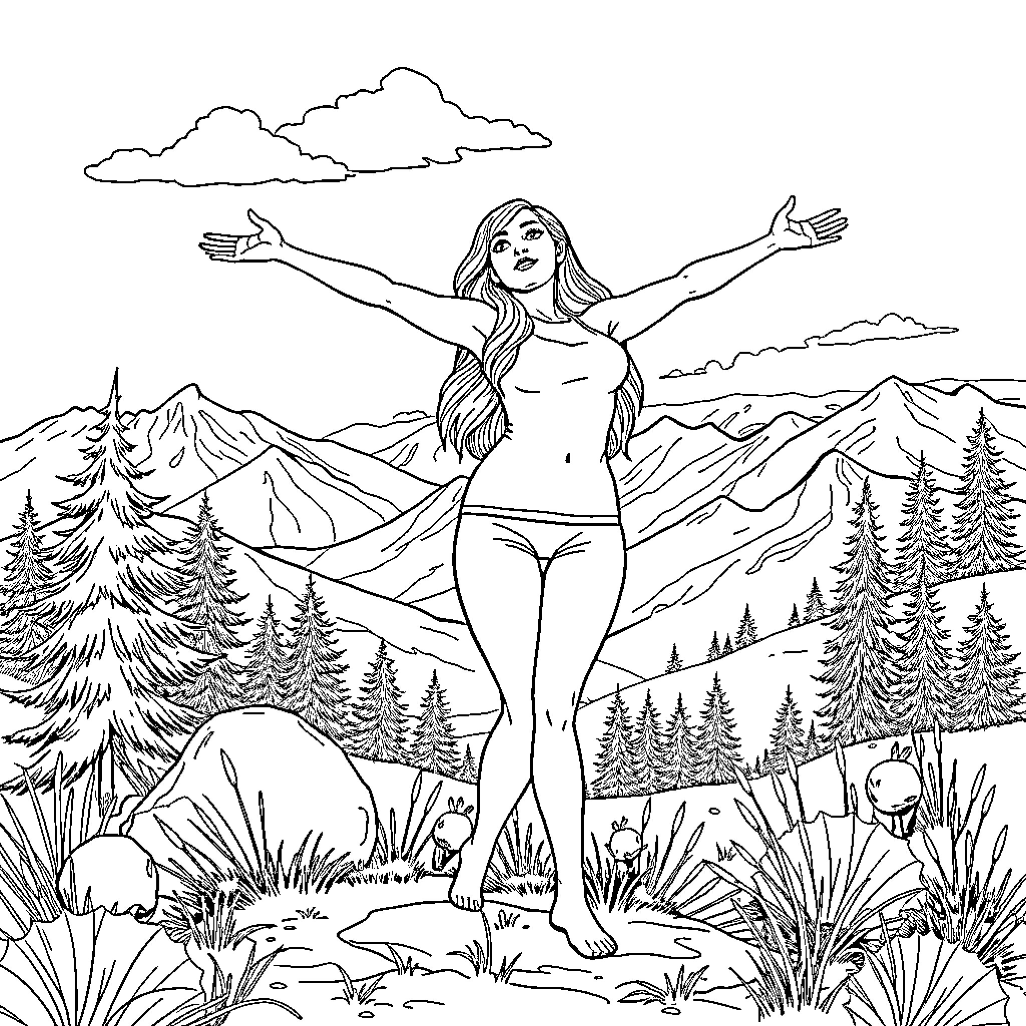 Ashlyn enjoying the mountain scenery with open arms Coloring Page (free black-and-white line drawing printable PDF for all, from beginners to advanced learners, including children, teens, adults, and seniors)