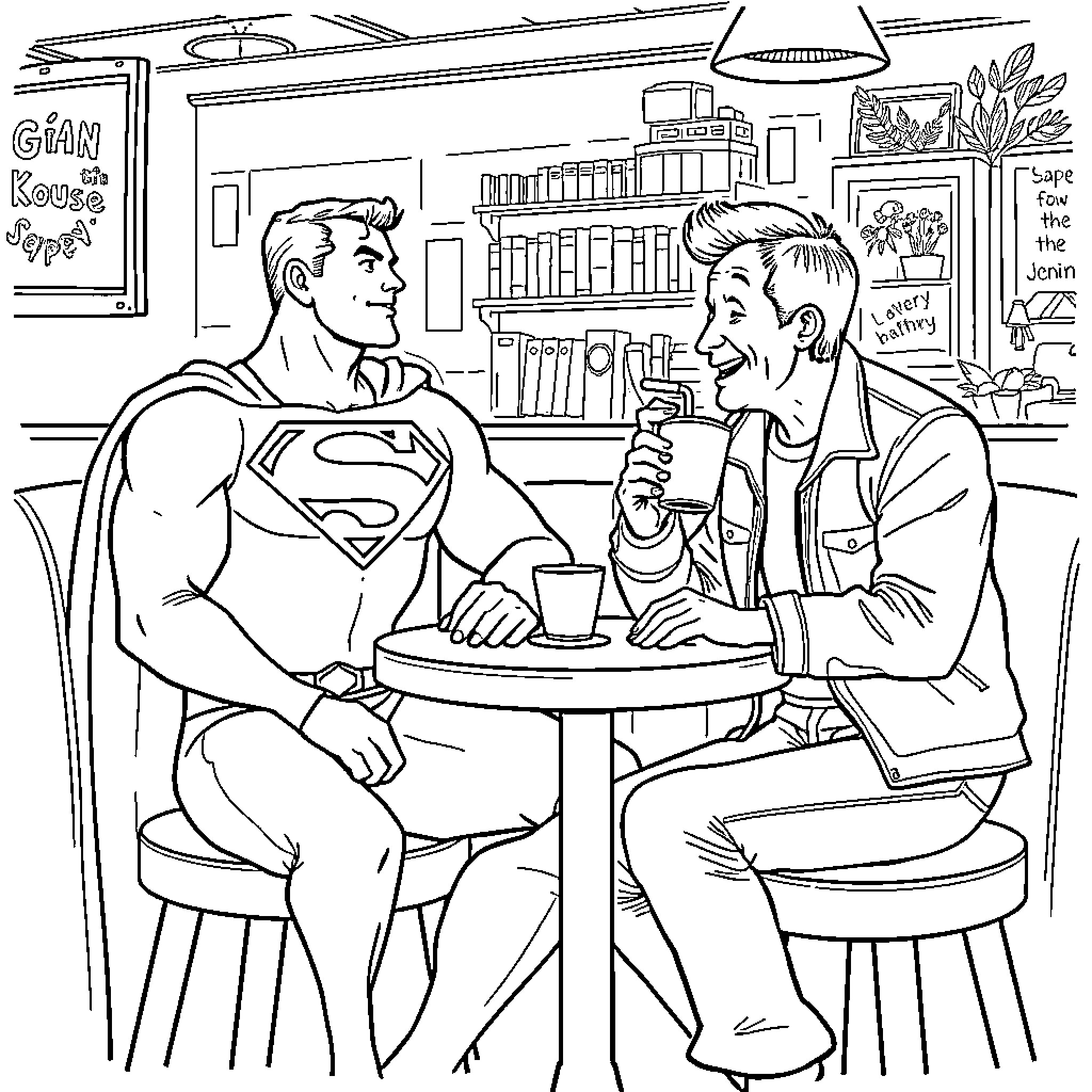 Superman Relaxing with a Friend at a Coffee Shop Coloring Page (free black-and-white line drawing printable PDF for all, from beginners to advanced learners, including children, teens, adults, and seniors)