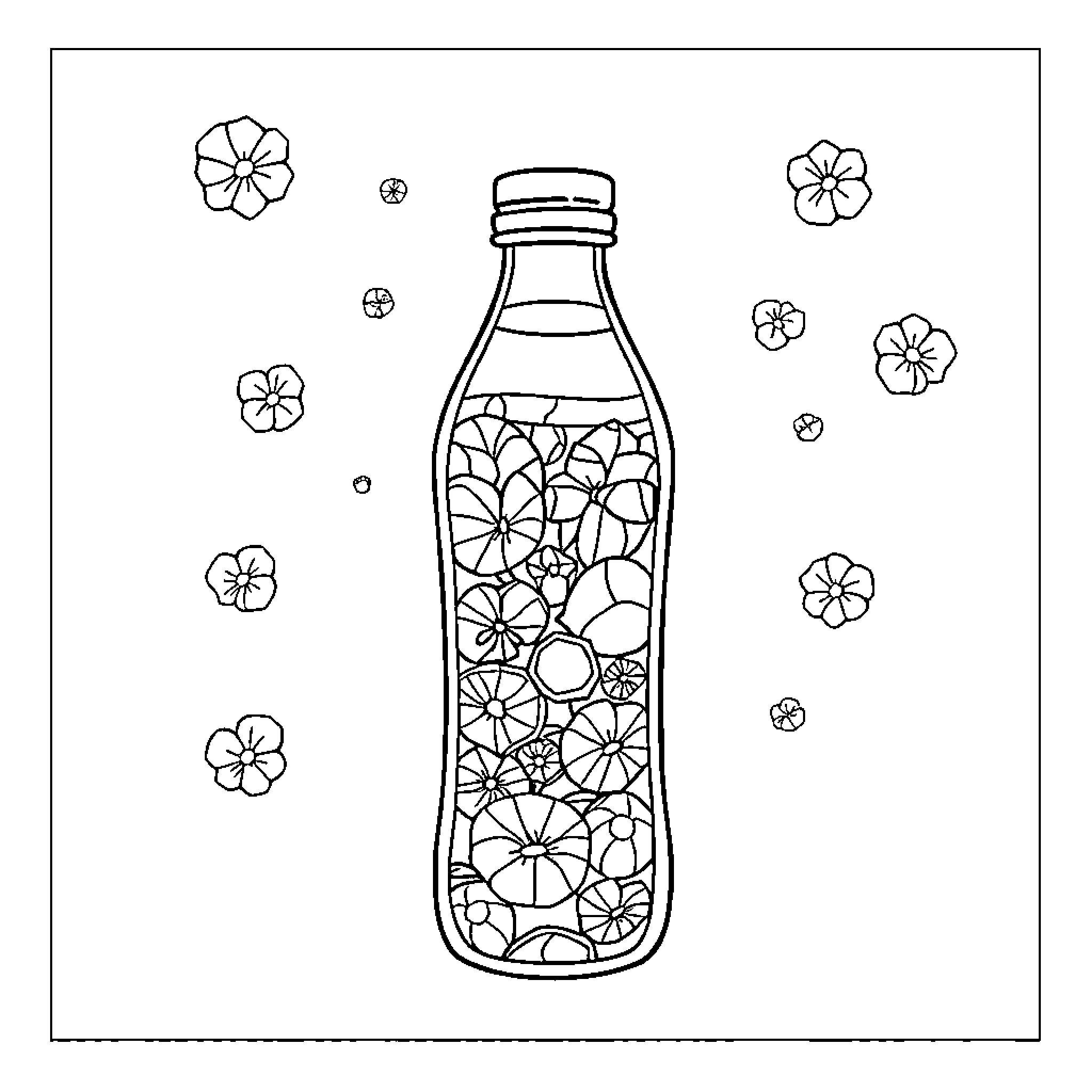 Water Bottle with Decorative Floral Design Coloring Page (free black-and-white line drawing printable PDF for all, from beginners to advanced learners, including children, teens, adults, and seniors)
