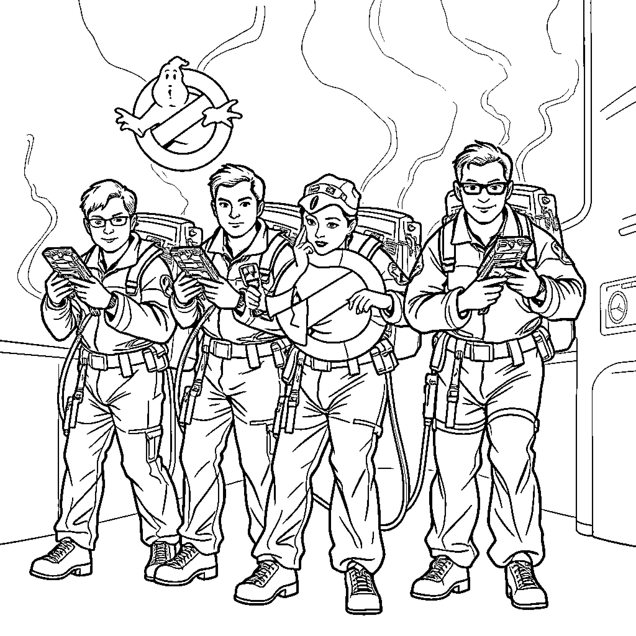 Ghostbusters: Supernatural Investigators in Action Coloring Page (free black-and-white line drawing printable PDF for all, from beginners to advanced learners, including children, teens, adults, and seniors)