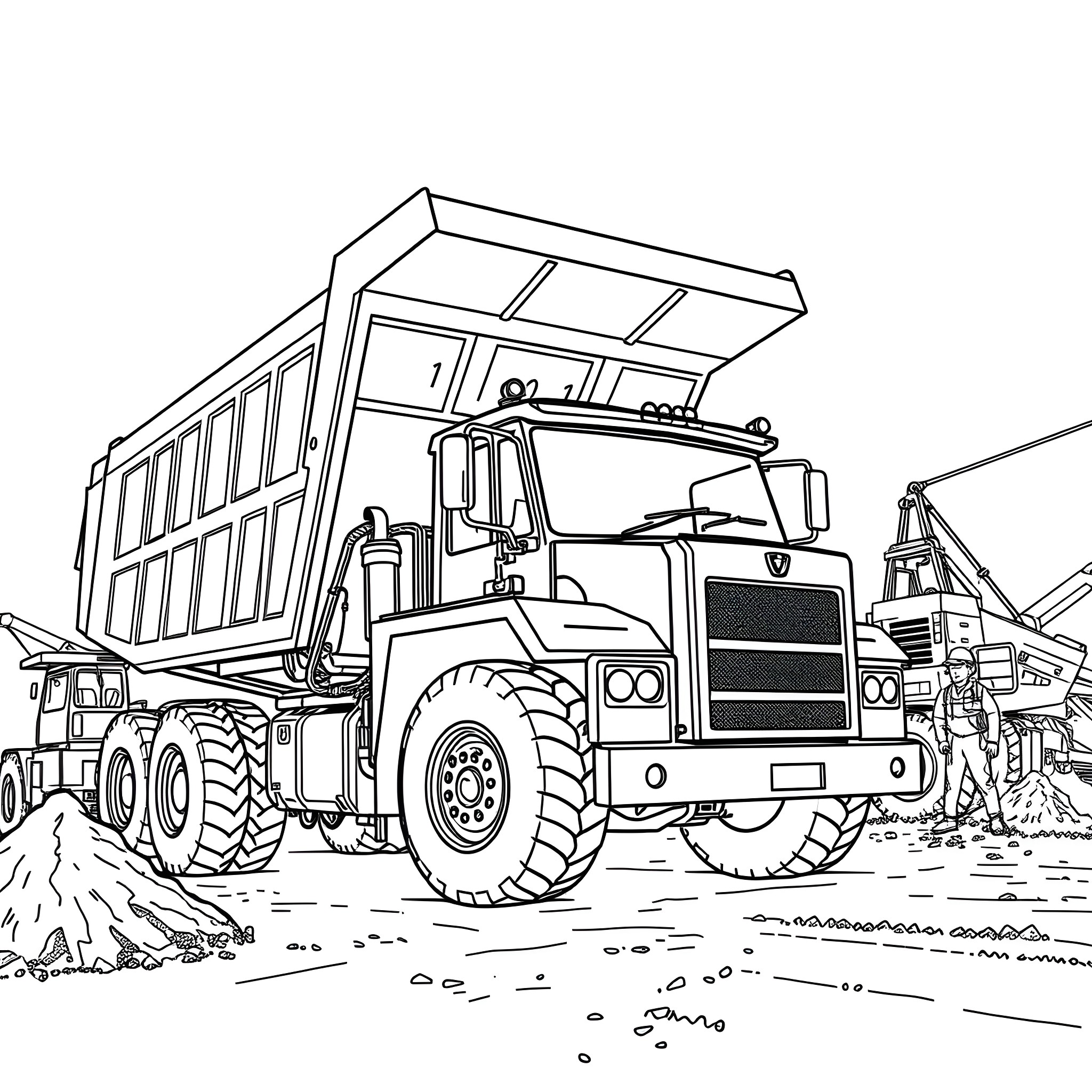 Dumper truck transporting construction materials in rugged terrain Coloring Page (free black-and-white line drawing printable PDF for all, from beginners to advanced learners, including children, teens, adults, and seniors)