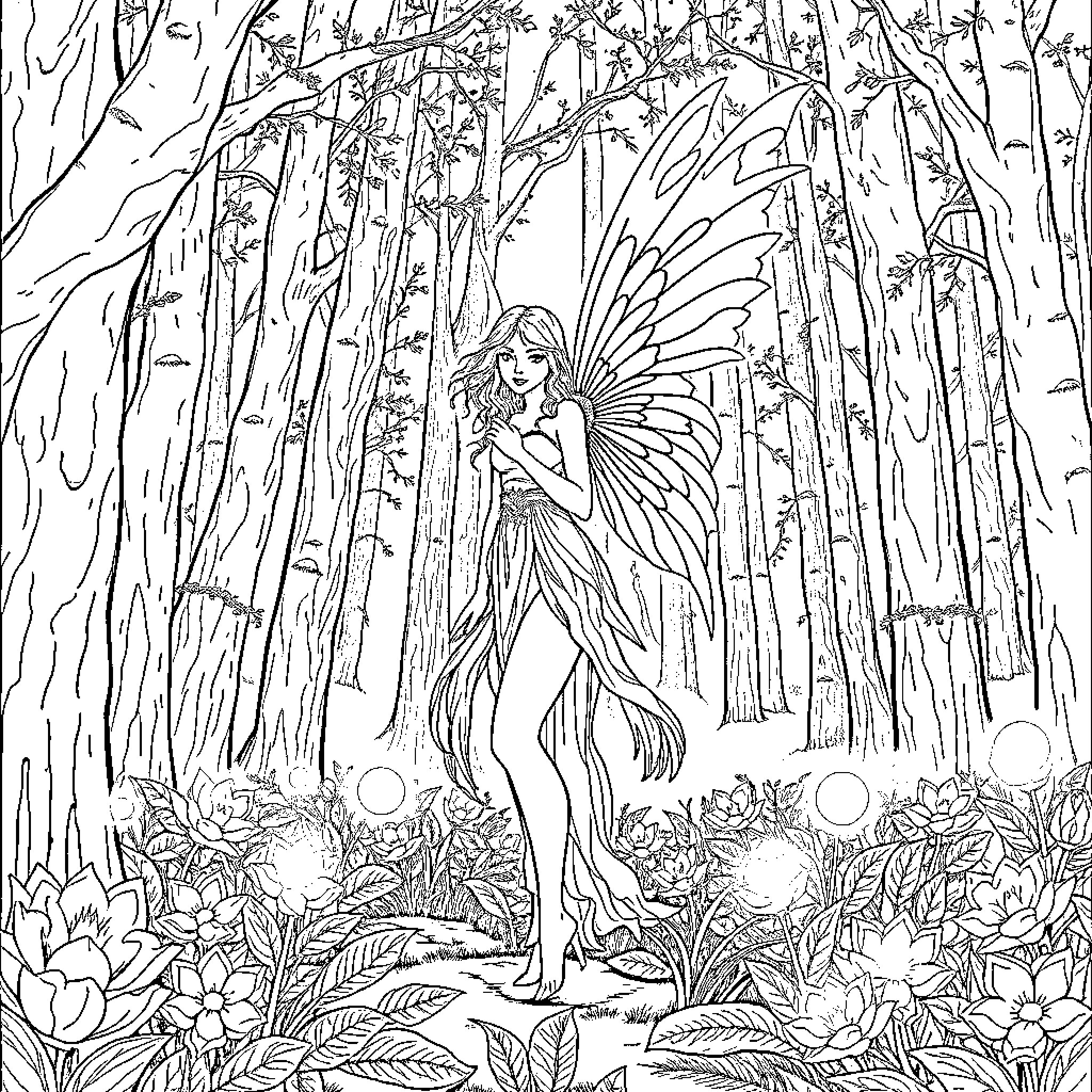 Fairy dancing gracefully in enchanted forest Coloring Page (free black-and-white line drawing printable PDF for all, from beginners to advanced learners, including children, teens, adults, and seniors)