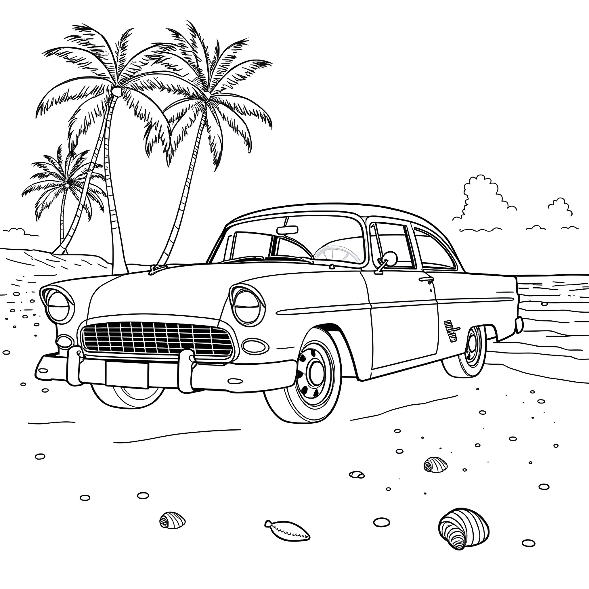 Car on a tropical beach with palm trees Coloring Page (free black-and-white line drawing printable PDF for all, from beginners to advanced learners, including children, teens, adults, and seniors)