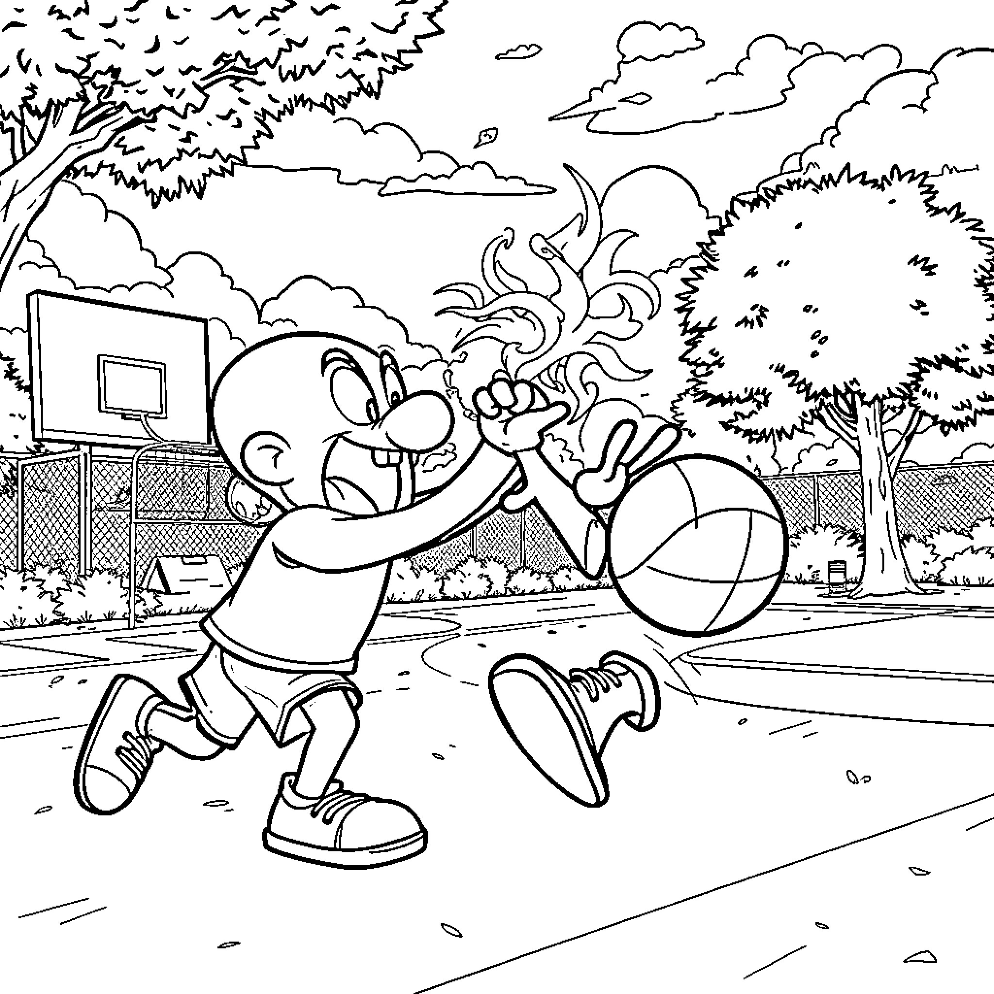 Doug's Energetic Playtime at the Park Coloring Page (free black-and-white line drawing printable PDF for all, from beginners to advanced learners, including children, teens, adults, and seniors)