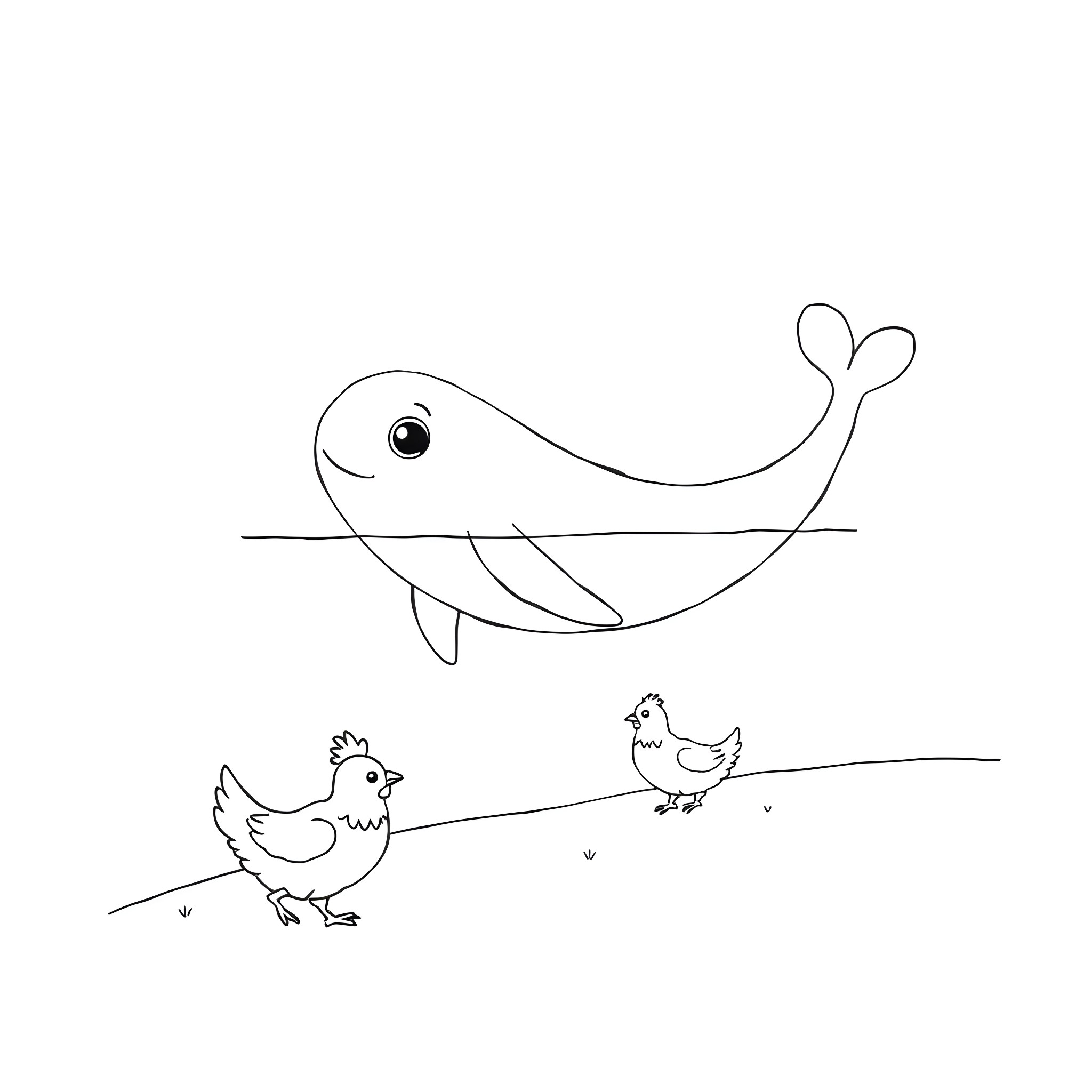 Narwhal swimming with chickens on land Coloring Page (free black-and-white line drawing printable PDF for all, from beginners to advanced learners, including children, teens, adults, and seniors)