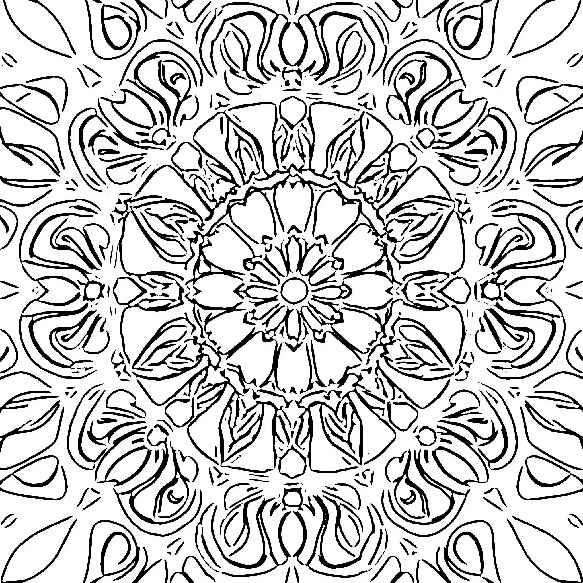 Mandala of intricate floral patterns Coloring Page (free black-and-white line drawing printable PDF for all, from beginners to advanced learners, including children, teens, adults, and seniors)