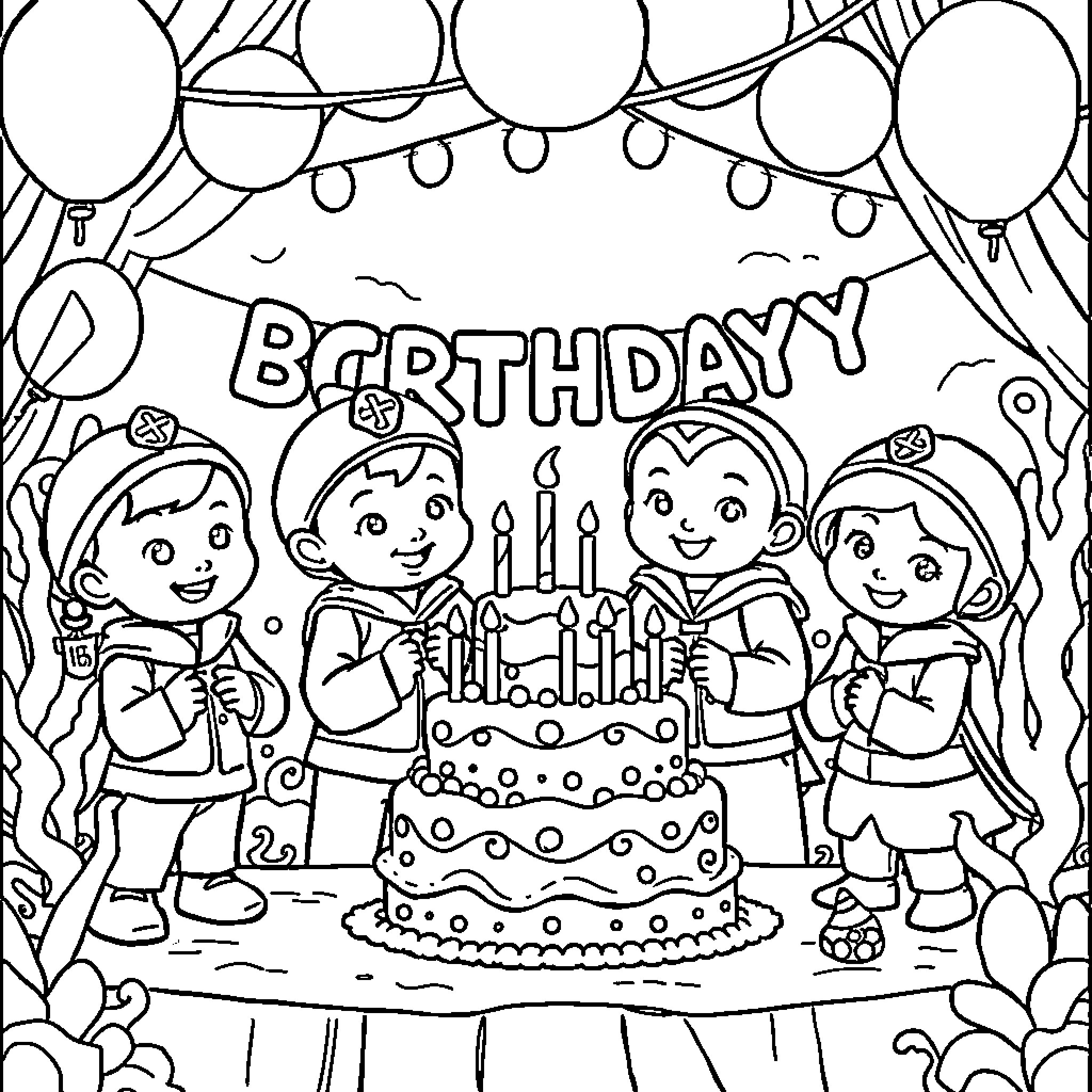 Octonauts Celebrate Birthday with Cake and Friends Coloring Page (free black-and-white line drawing printable PDF for all, from beginners to advanced learners, including children, teens, adults, and seniors)