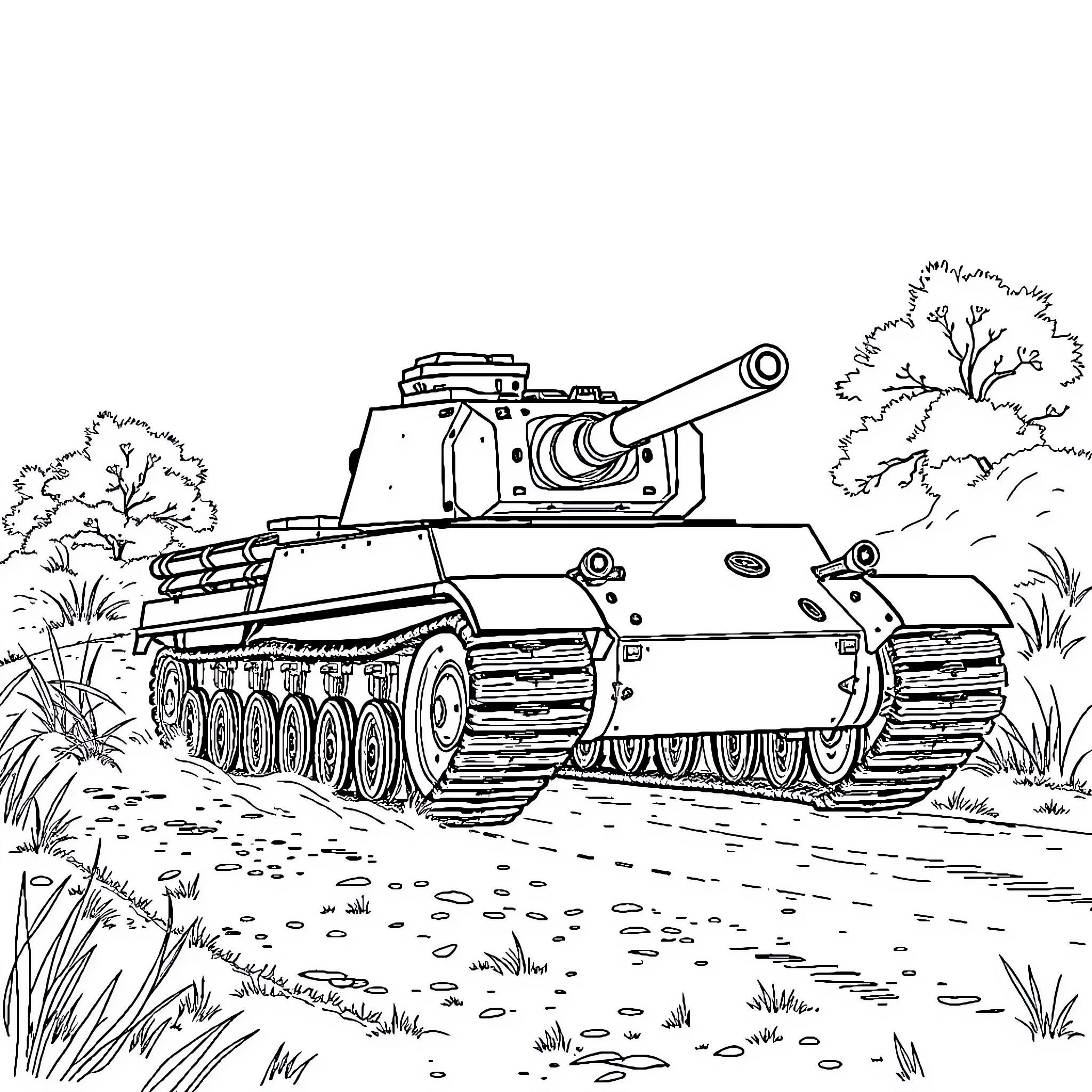 Tiger Tank Advancing Through the Battlefield Coloring Page (free black-and-white line drawing printable PDF for all, from beginners to advanced learners, including children, teens, adults, and seniors)