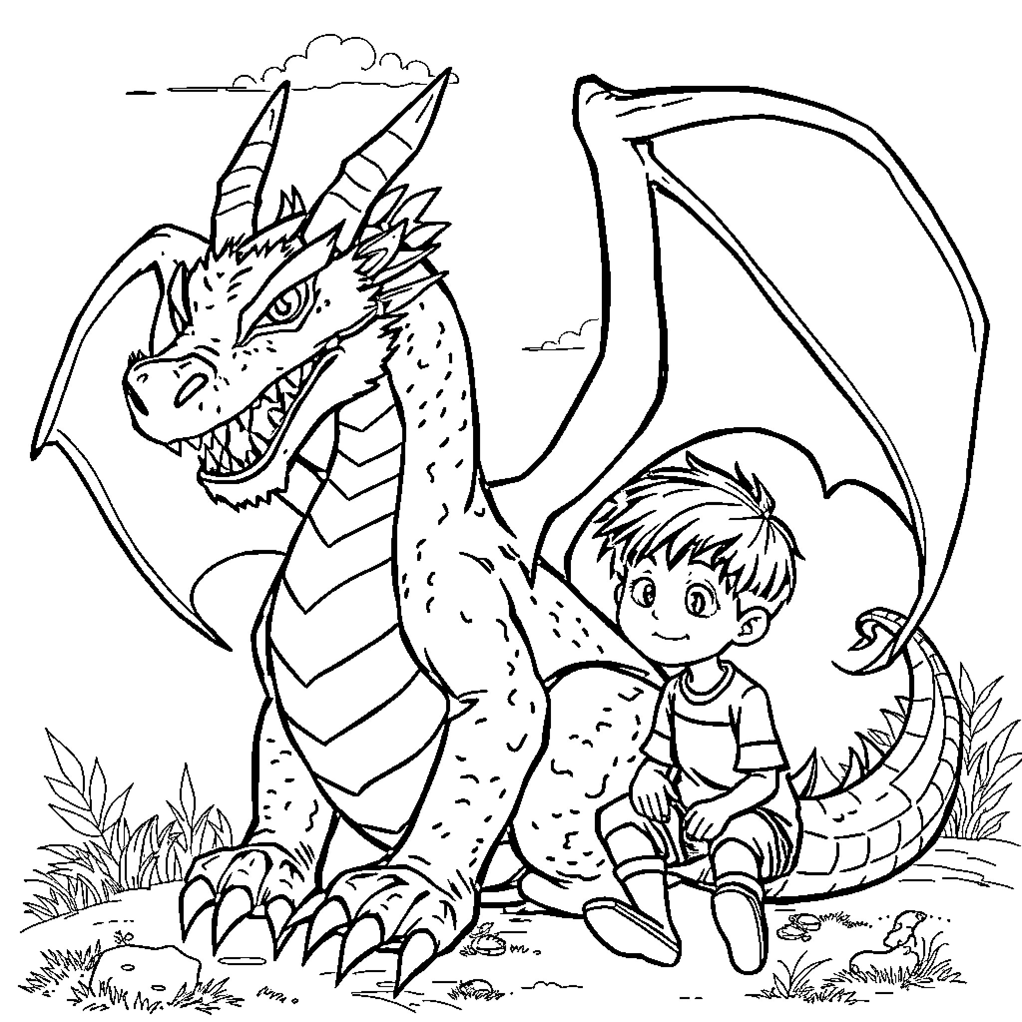 Dragon Hatchling and Young Adventurer Encounter Coloring Page (free black-and-white line drawing printable PDF for all, from beginners to advanced learners, including children, teens, adults, and seniors)