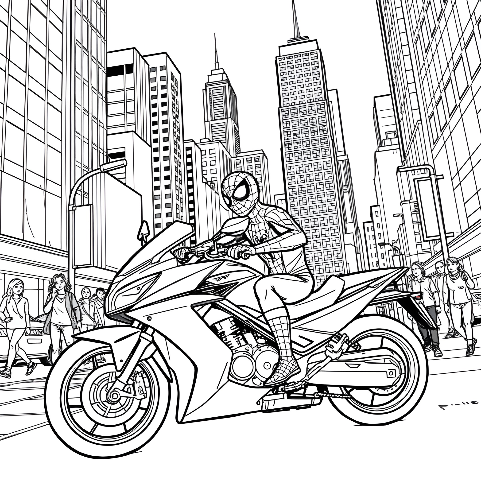 Spider-Man riding a motorcycle through the city Coloring Page (free black-and-white line drawing printable PDF for all, from beginners to advanced learners, including children, teens, adults, and seniors)
