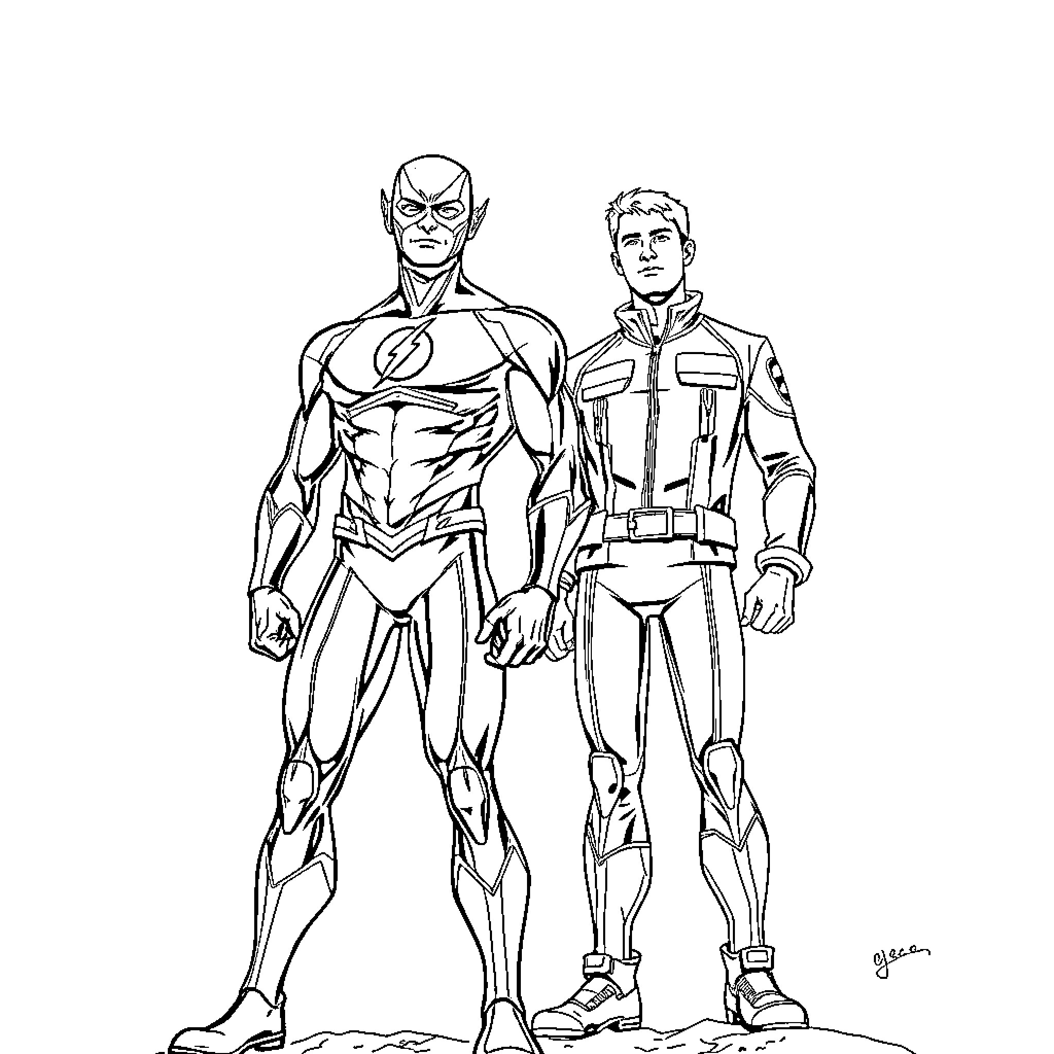 Flash and Costumed Superhero Strike a Pose Coloring Page (free black-and-white line drawing printable PDF for all, from beginners to advanced learners, including children, teens, adults, and seniors)