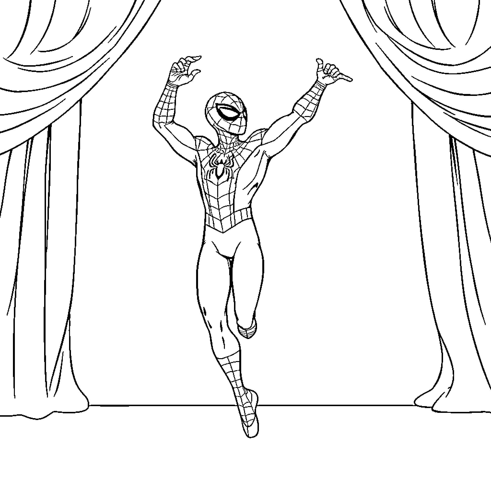 Spiderman in heroic pose on stage Coloring Page (free black-and-white line drawing printable PDF for all, from beginners to advanced learners, including children, teens, adults, and seniors)