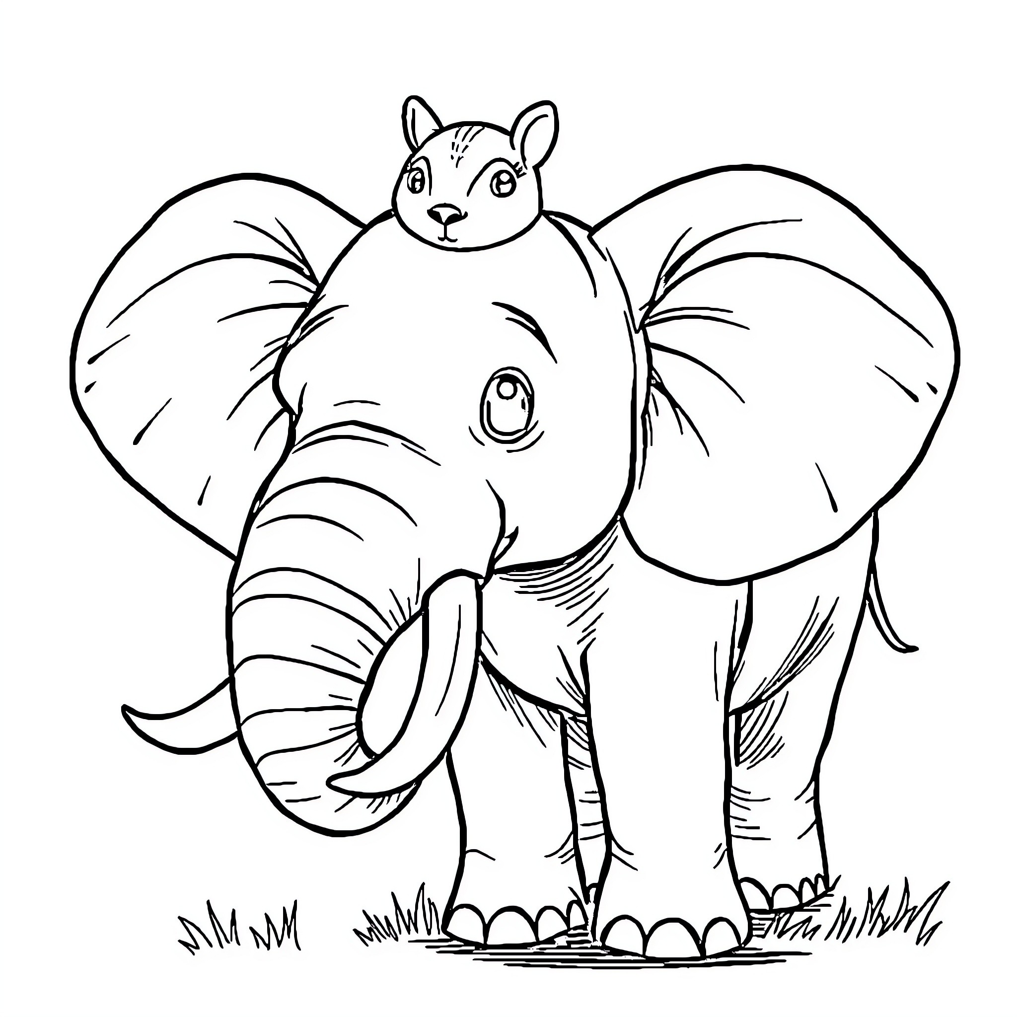Elephant standing in grass Coloring Page (free black-and-white line drawing printable PDF for all, from beginners to advanced learners, including children, teens, adults, and seniors)