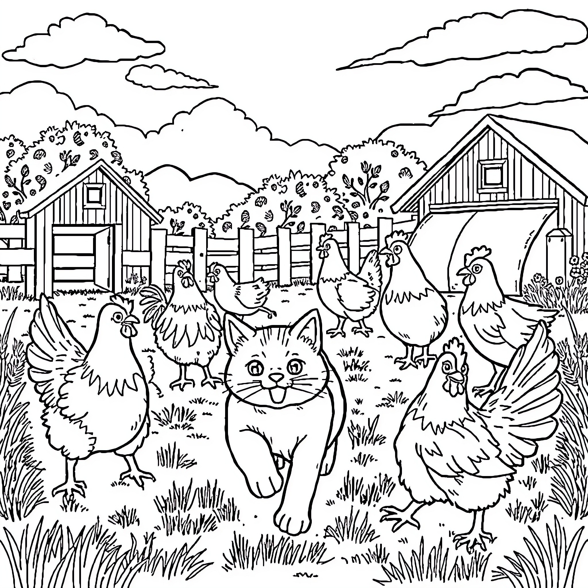 Cat and Chickens on a Countryside Farm Coloring Page (free black-and-white line drawing printable PDF for all, from beginners to advanced learners, including children, teens, adults, and seniors)