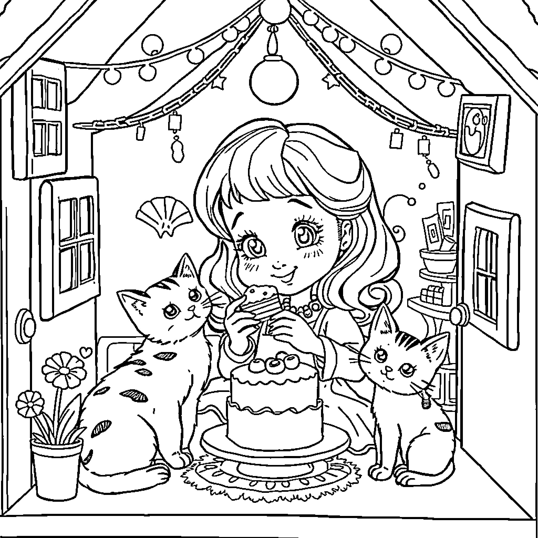 Gabby's Cozy Celebration with Feline Friends Coloring Page (free black-and-white line drawing printable PDF for all, from beginners to advanced learners, including children, teens, adults, and seniors)