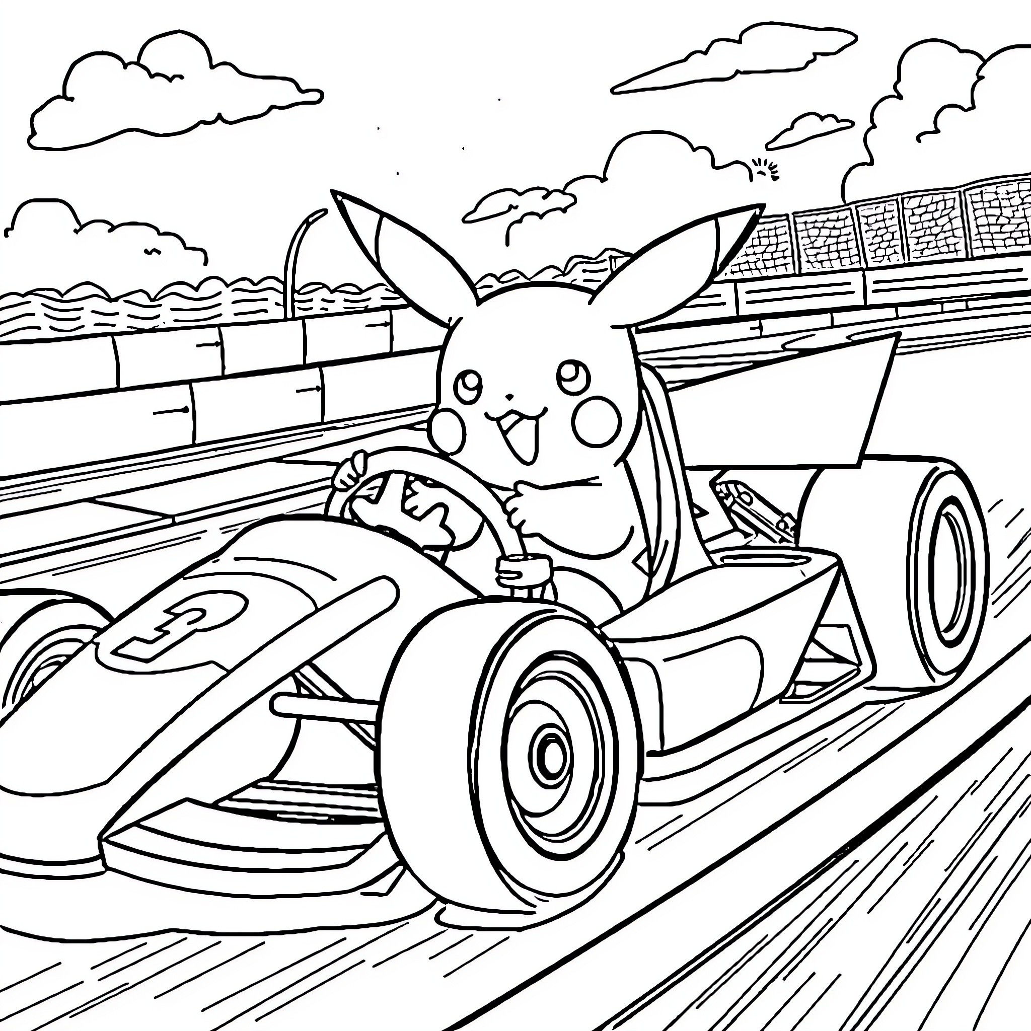 Pikachu racing in a high-speed race car Coloring Page (free black-and-white line drawing printable PDF for all, from beginners to advanced learners, including children, teens, adults, and seniors)