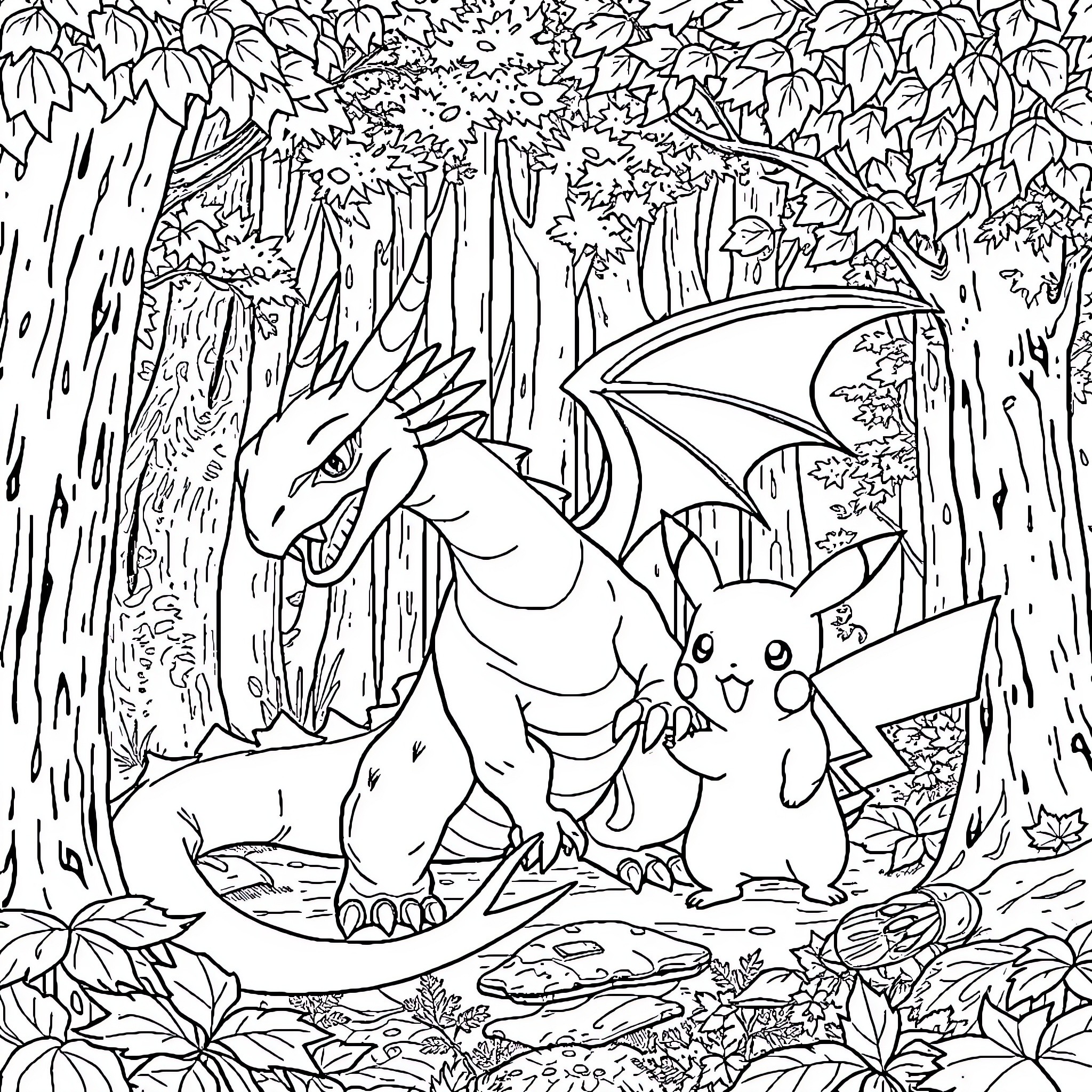 Drakaufeu: Dragons and Creatures in Enchanted Forest Coloring Page (free black-and-white line drawing printable PDF for all, from beginners to advanced learners, including children, teens, adults, and seniors)