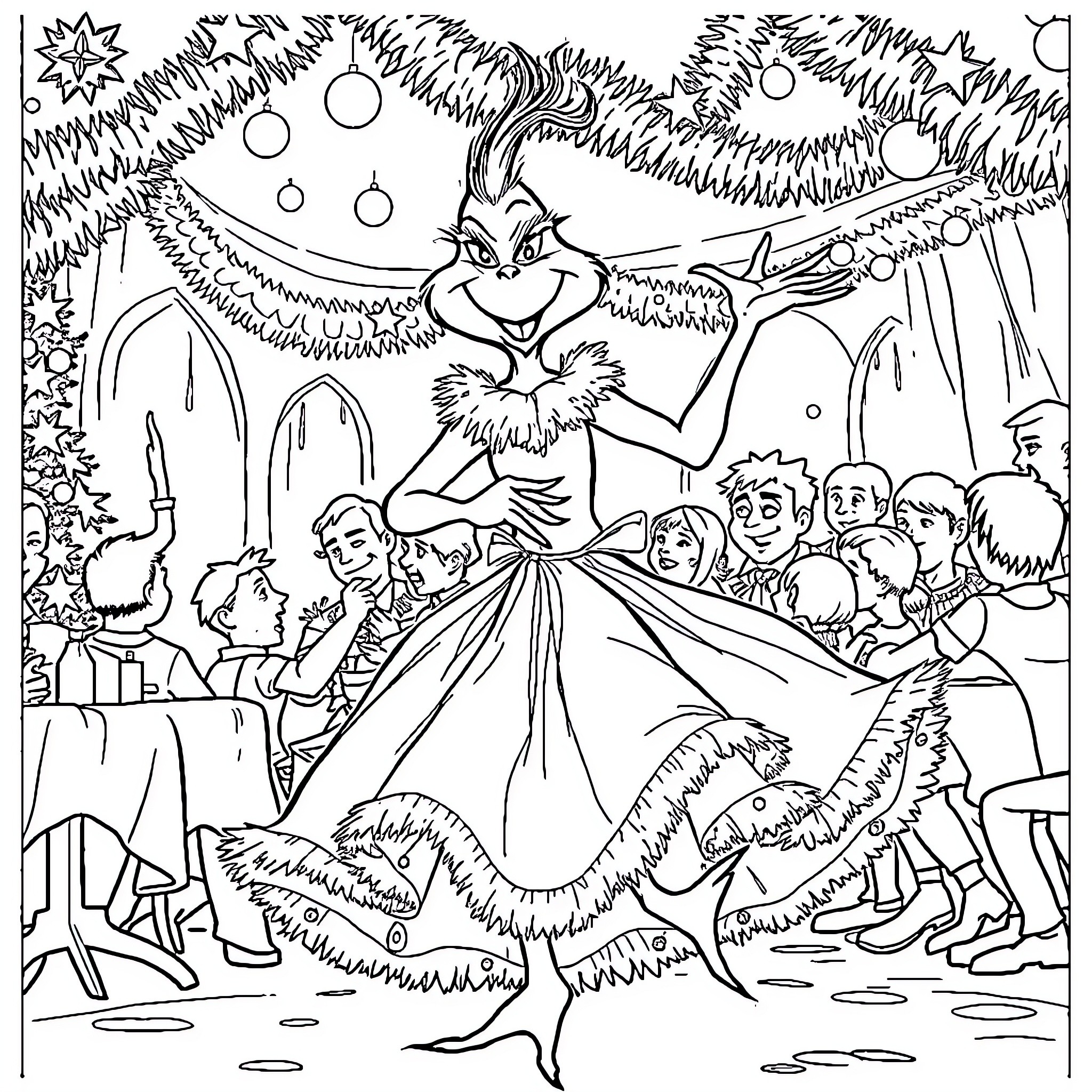 Grinch's Festive Dance with Partygoers Coloring Page (free black-and-white line drawing printable PDF for all, from beginners to advanced learners, including children, teens, adults, and seniors)