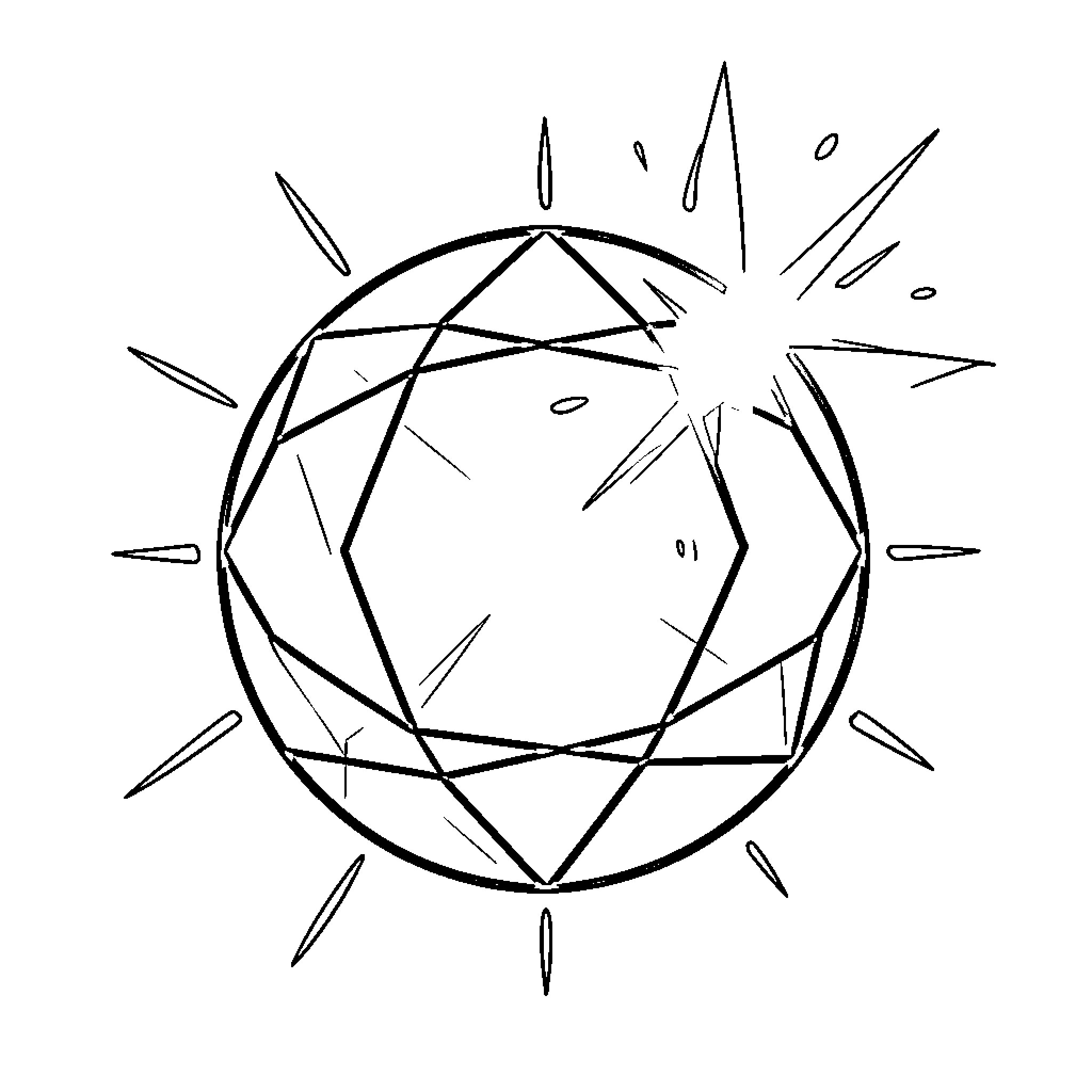 Cat's Eye sparkling gem with radiant light rays Coloring Page (free black-and-white line drawing printable PDF for all, from beginners to advanced learners, including children, teens, adults, and seniors)