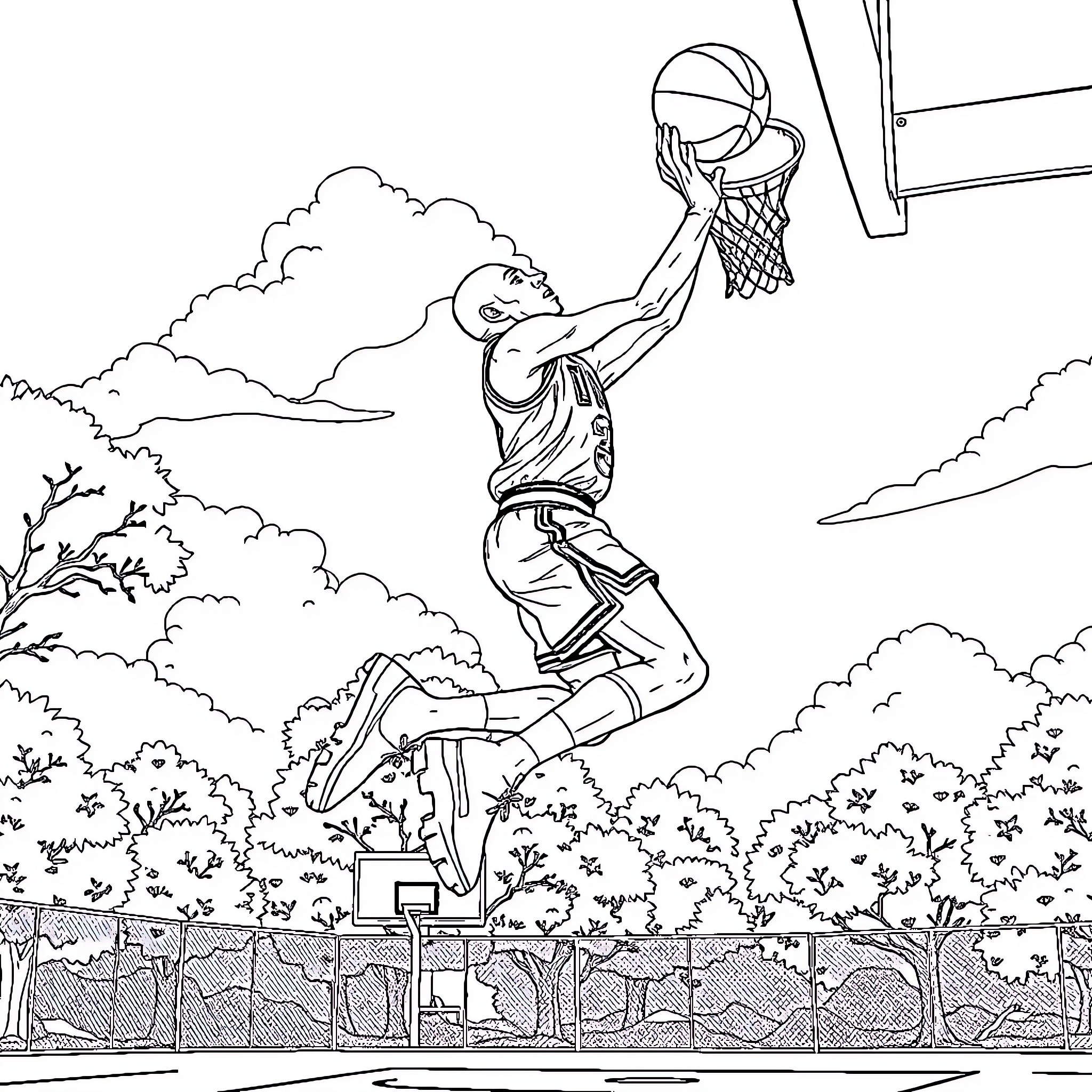 Michael Jordan Dunking the Basketball Coloring Page (free black-and-white line drawing printable PDF for all, from beginners to advanced learners, including children, teens, adults, and seniors)