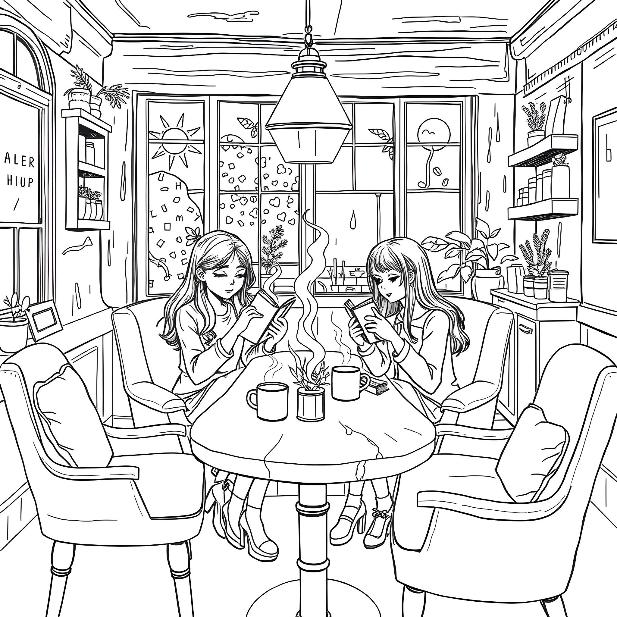 Girls relaxing and enjoying drinks in cozy cafe Coloring Page (free black-and-white line drawing printable PDF for all, from beginners to advanced learners, including children, teens, adults, and seniors)