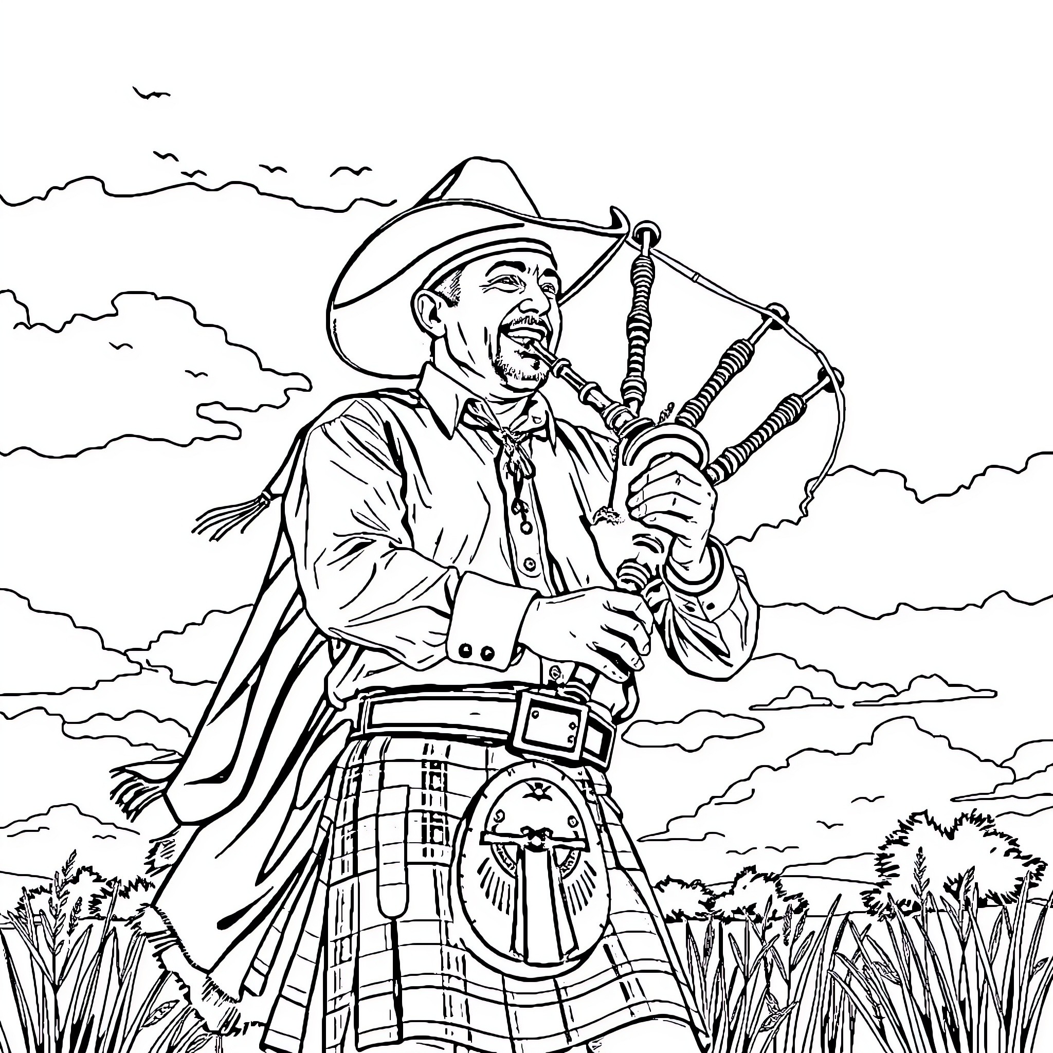 Man in cowboy outfit playing bagpipes in field Coloring Page (free black-and-white line drawing printable PDF for all, from beginners to advanced learners, including children, teens, adults, and seniors)