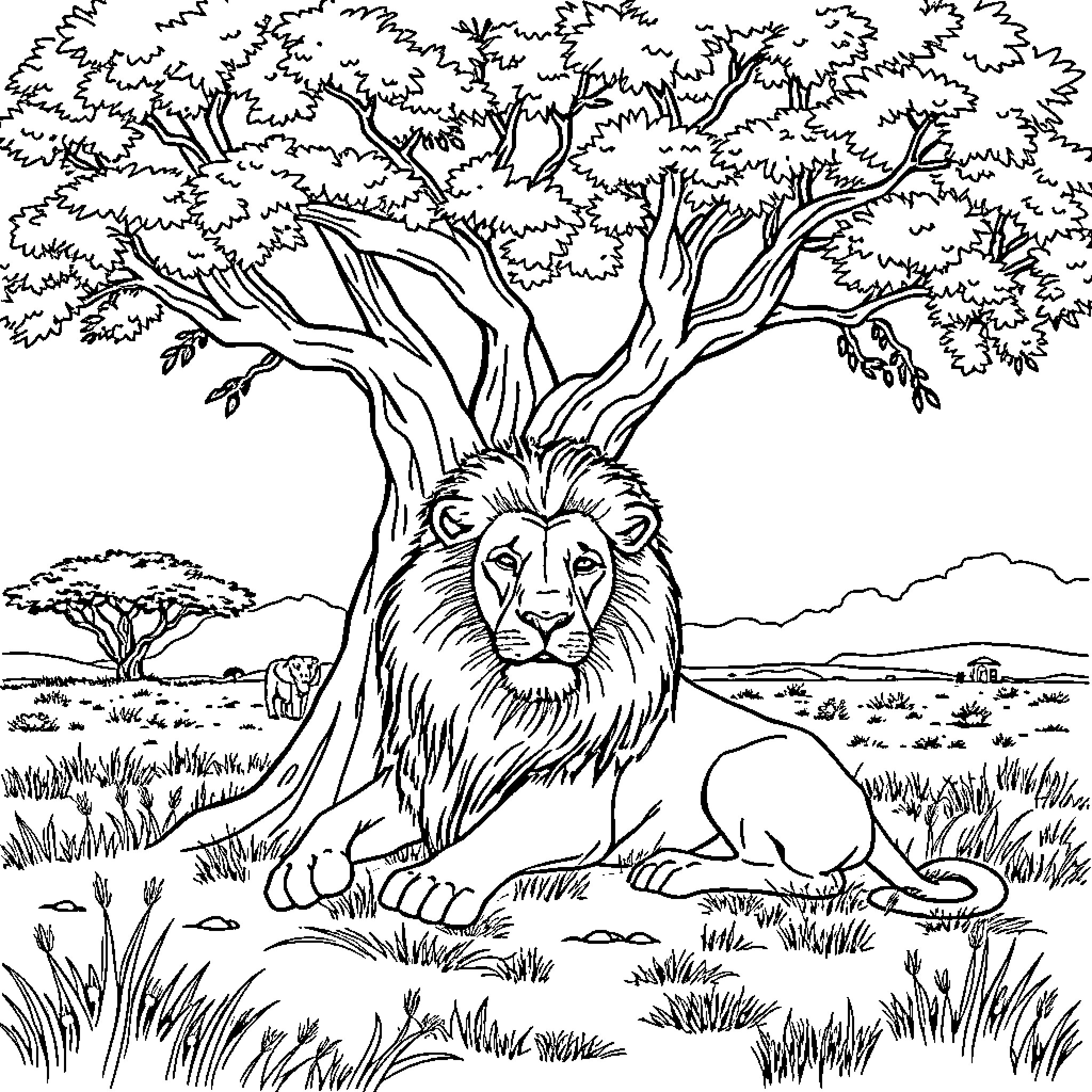 Lion resting under a large tree in the wild Coloring Page (free black-and-white line drawing printable PDF for all, from beginners to advanced learners, including children, teens, adults, and seniors)