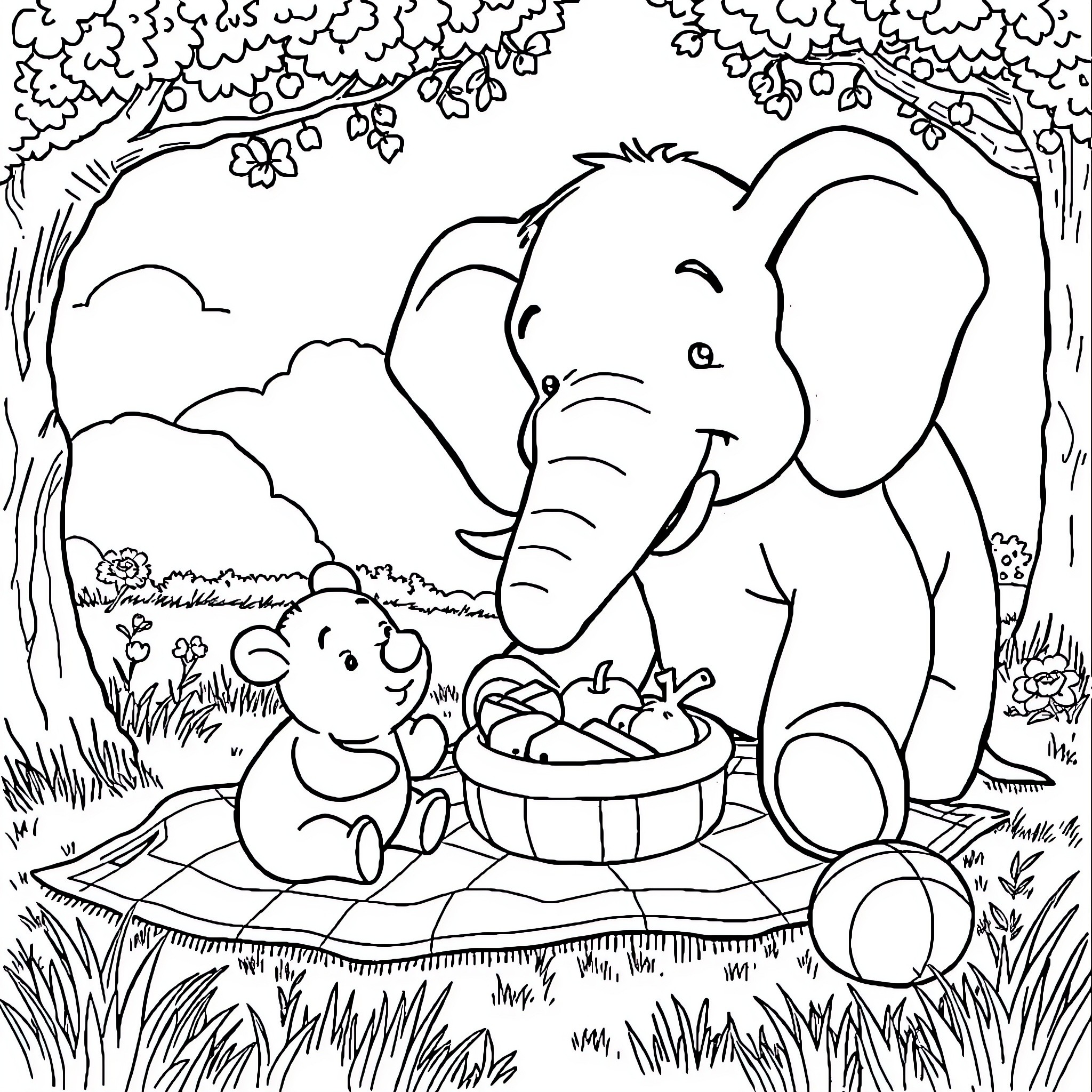 Hamster and Elephant Enjoying Picnic in the Park Coloring Page (free black-and-white line drawing printable PDF for all, from beginners to advanced learners, including children, teens, adults, and seniors)