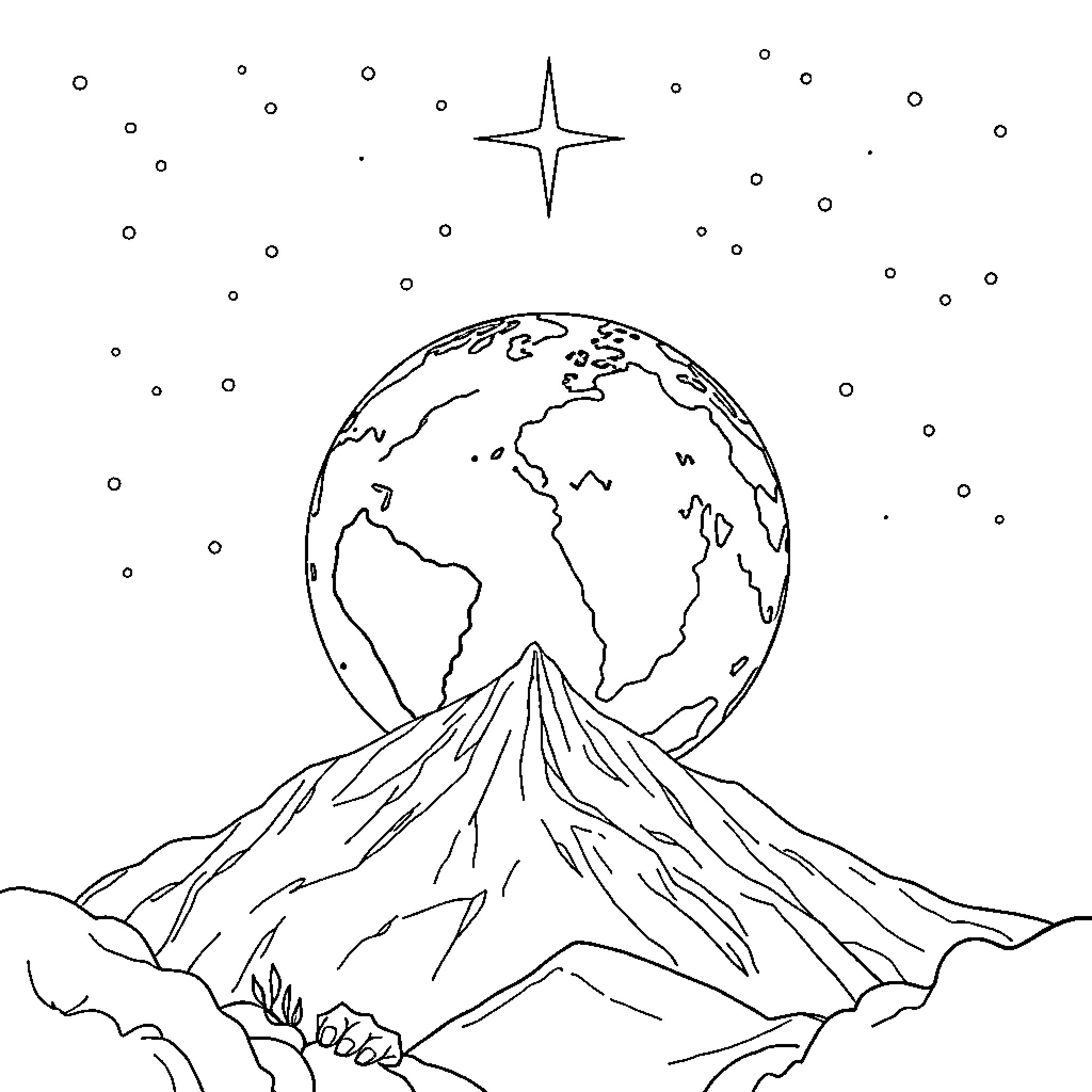 Gaia: Earthly Landscape Under Starry Sky Coloring Page (free black-and-white line drawing printable PDF for all, from beginners to advanced learners, including children, teens, adults, and seniors)