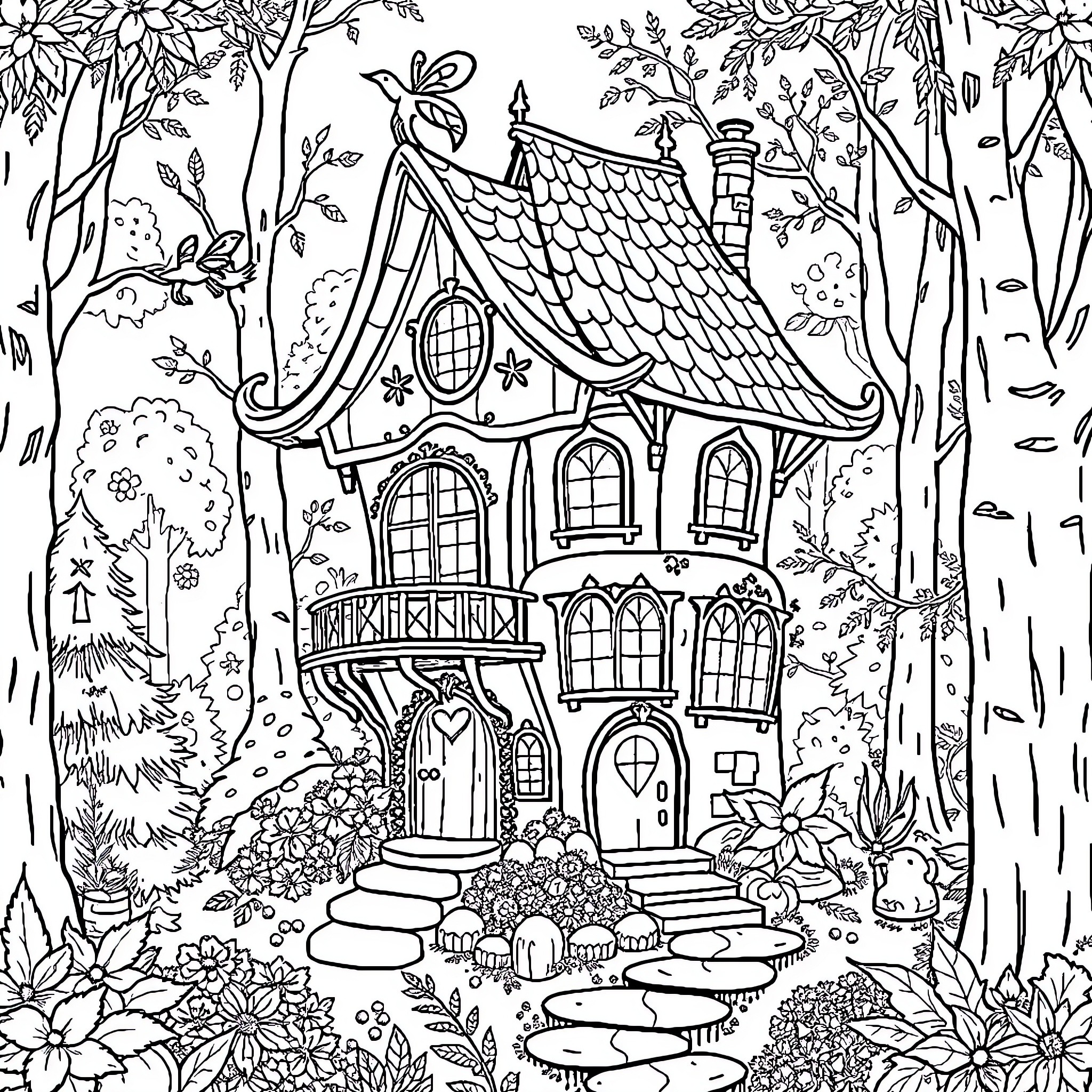 Fairy House in a Whimsical Forest Setting Coloring Page (free black-and-white line drawing printable PDF for all, from beginners to advanced learners, including children, teens, adults, and seniors)