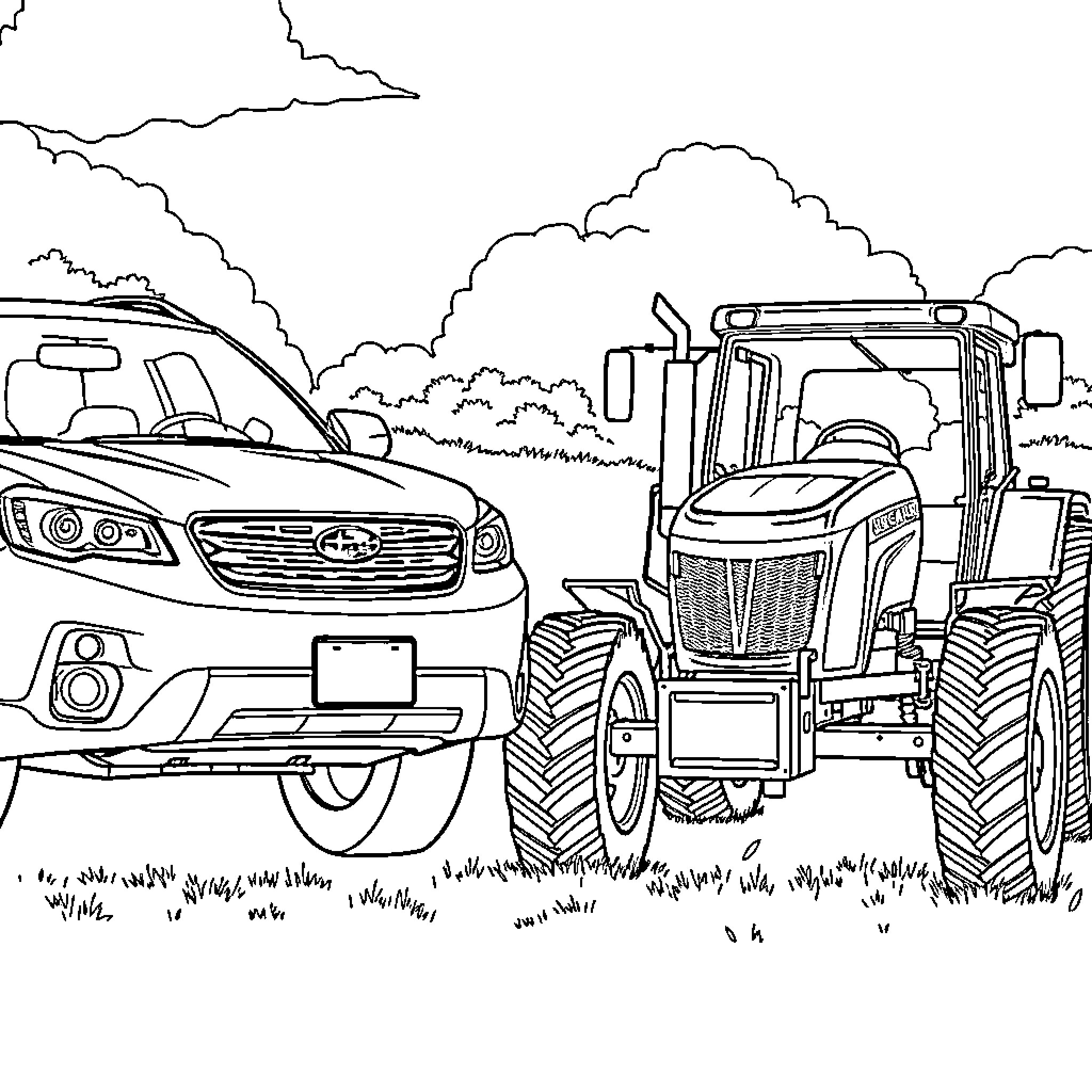 Vehicle Towing and Agricultural Equipment on the Road Coloring Page (free black-and-white line drawing printable PDF for all, from beginners to advanced learners, including children, teens, adults, and seniors)