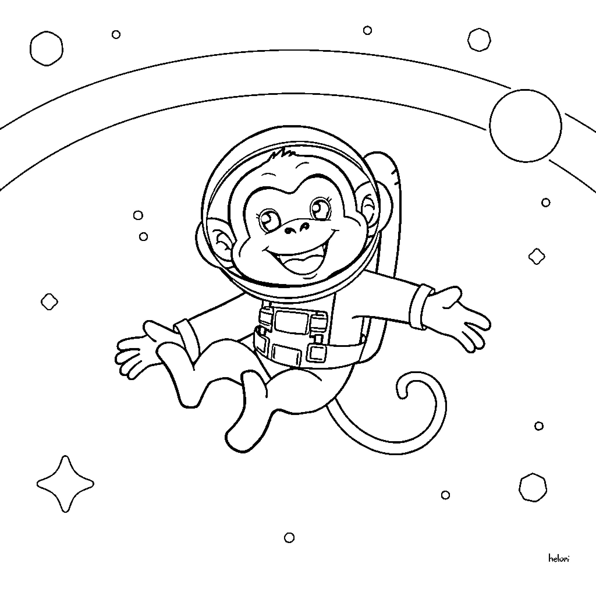 Monkey astronaut floating in space Coloring Page (free black-and-white line drawing printable PDF for all, from beginners to advanced learners, including children, teens, adults, and seniors)