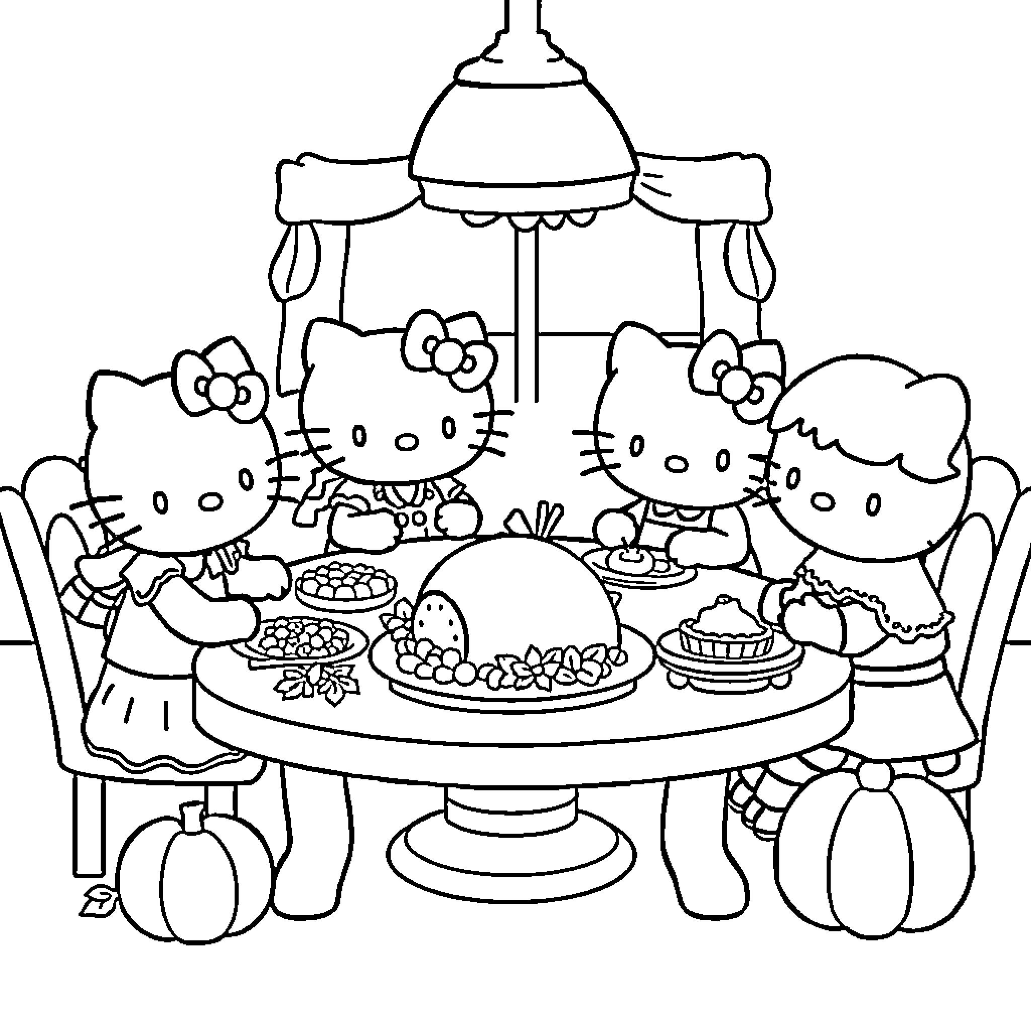 Hello Kitty Enjoying a Festive Meal with Friends Coloring Page (free black-and-white line drawing printable PDF for all, from beginners to advanced learners, including children, teens, adults, and seniors)