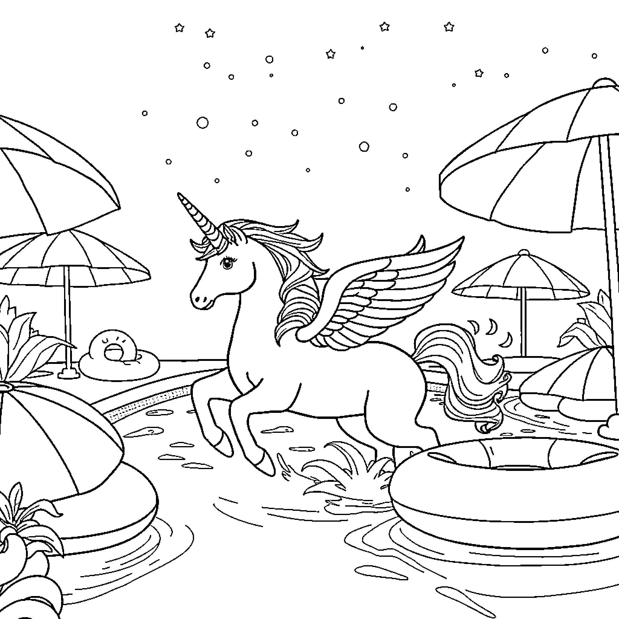 Unicorn frolicking in a whimsical aquatic setting Coloring Page (free black-and-white line drawing printable PDF for all, from beginners to advanced learners, including children, teens, adults, and seniors)