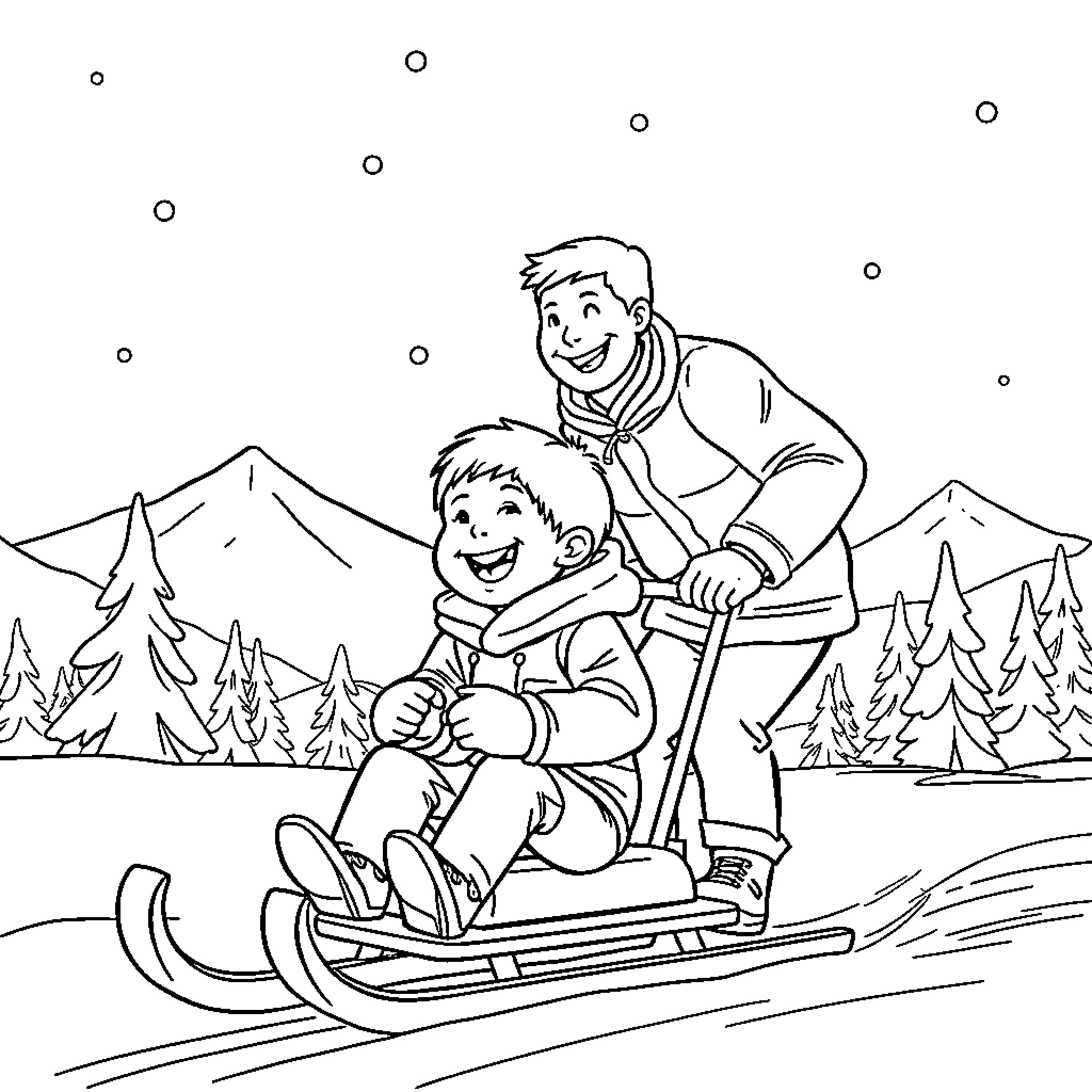 Man and boy sledding down snowy hill Coloring Page (free black-and-white line drawing printable PDF for all, from beginners to advanced learners, including children, teens, adults, and seniors)