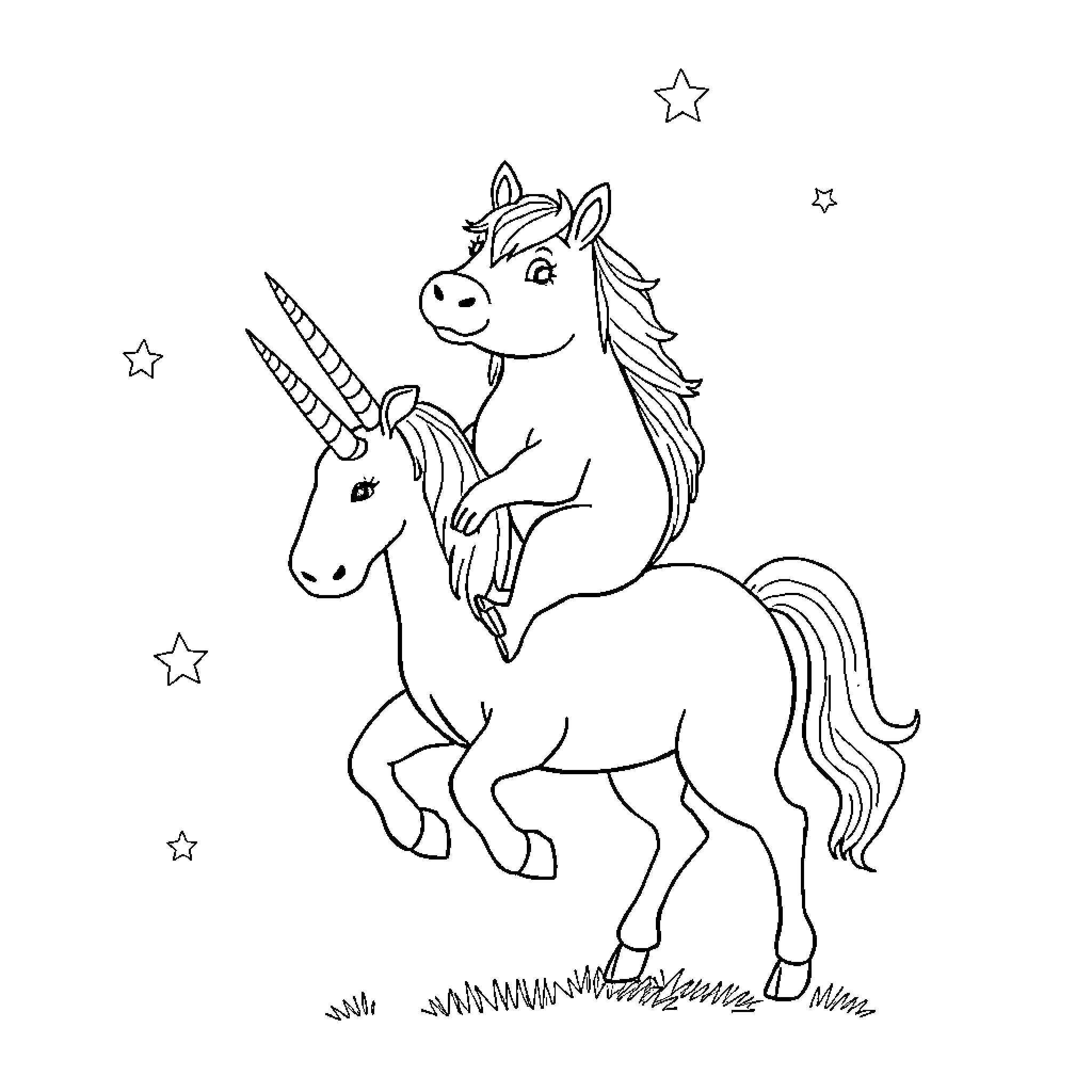 Capybara and Unicorn Starry Adventure Coloring Page (free black-and-white line drawing printable PDF for all, from beginners to advanced learners, including children, teens, adults, and seniors)