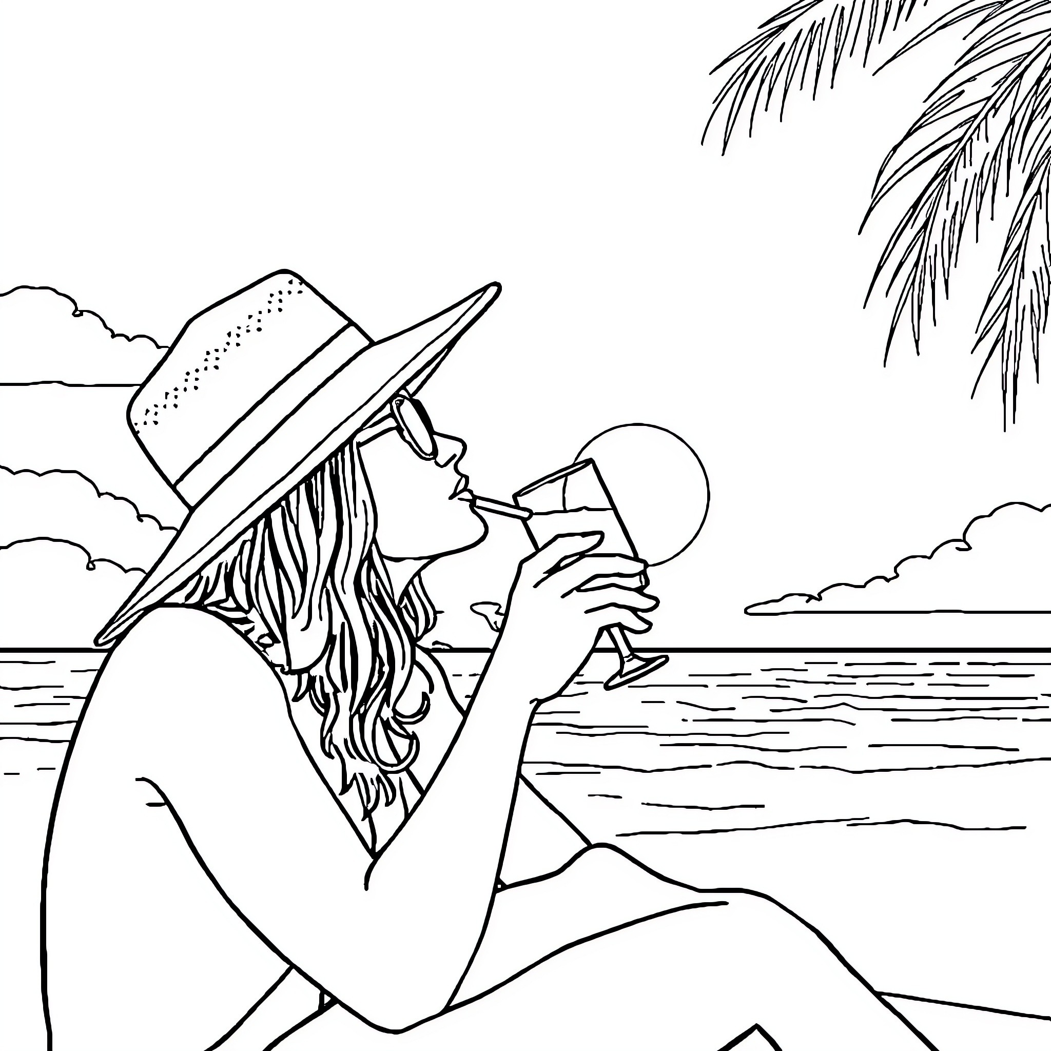 Person relaxing on the beach with a drink Coloring Page (free black-and-white line drawing printable PDF for all, from beginners to advanced learners, including children, teens, adults, and seniors)