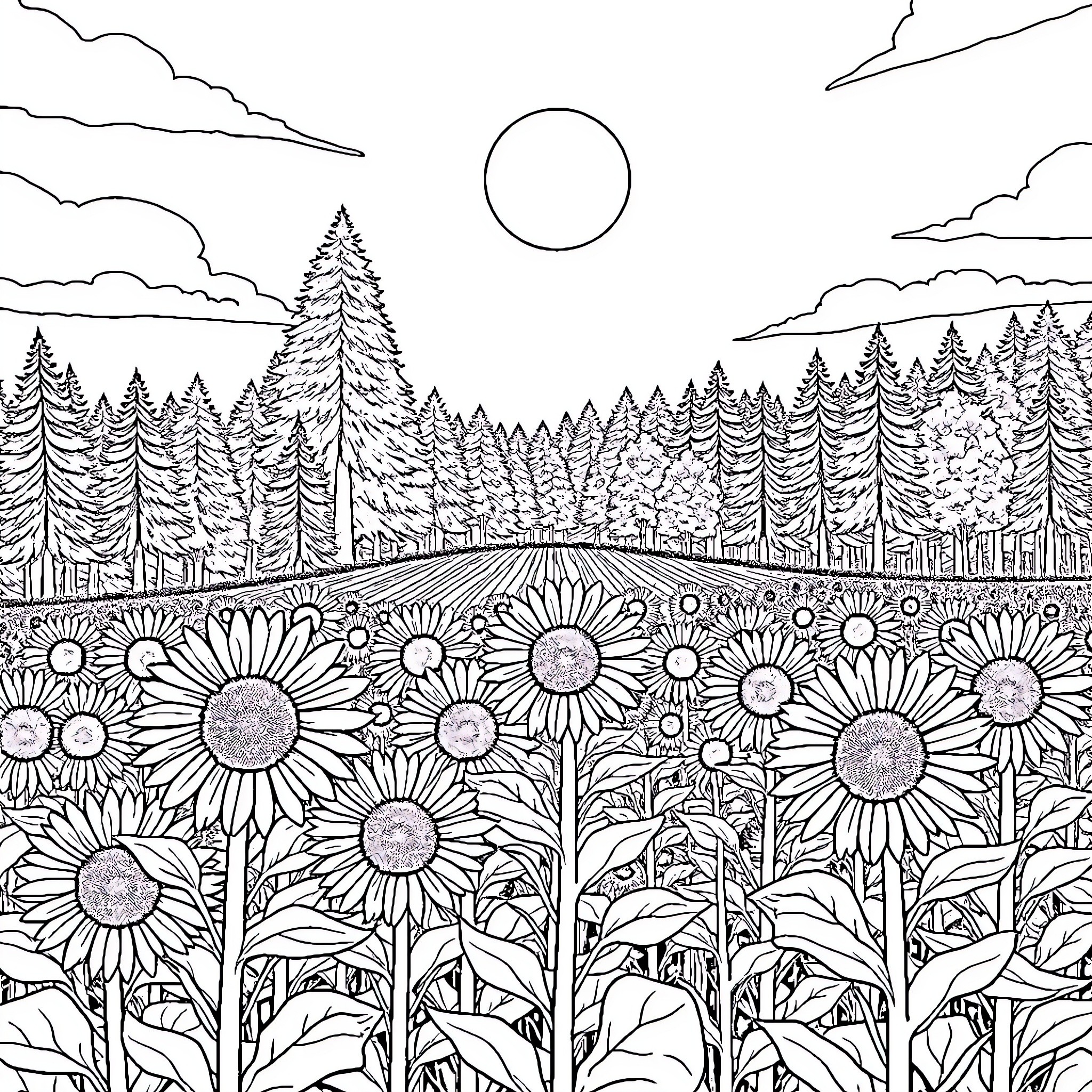 Sunflowers blooming in a peaceful forest landscape Coloring Page (free black-and-white line drawing printable PDF for all, from beginners to advanced learners, including children, teens, adults, and seniors)