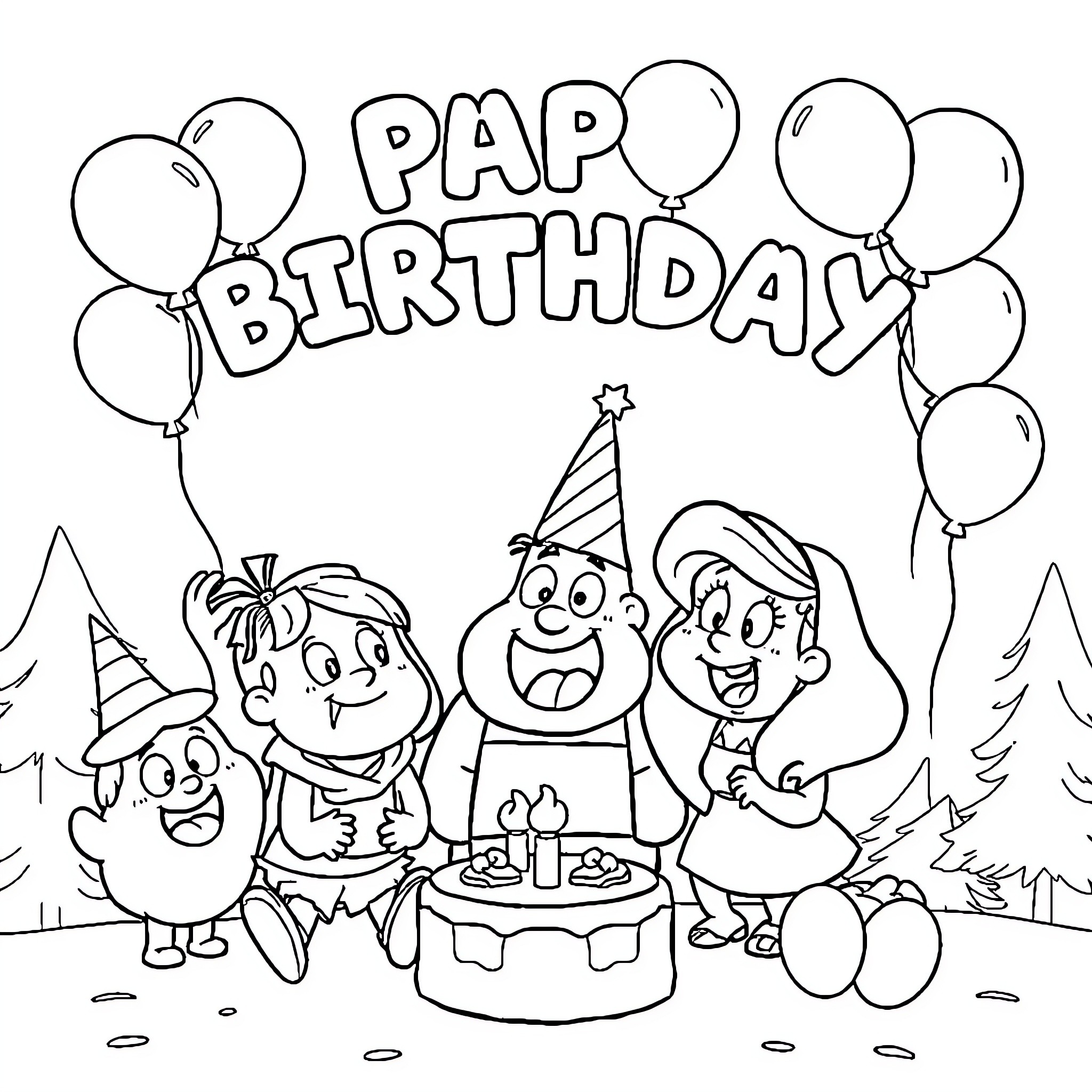 Gravity Falls characters celebrate Pap Birthday Coloring Page (free black-and-white line drawing printable PDF for all, from beginners to advanced learners, including children, teens, adults, and seniors)