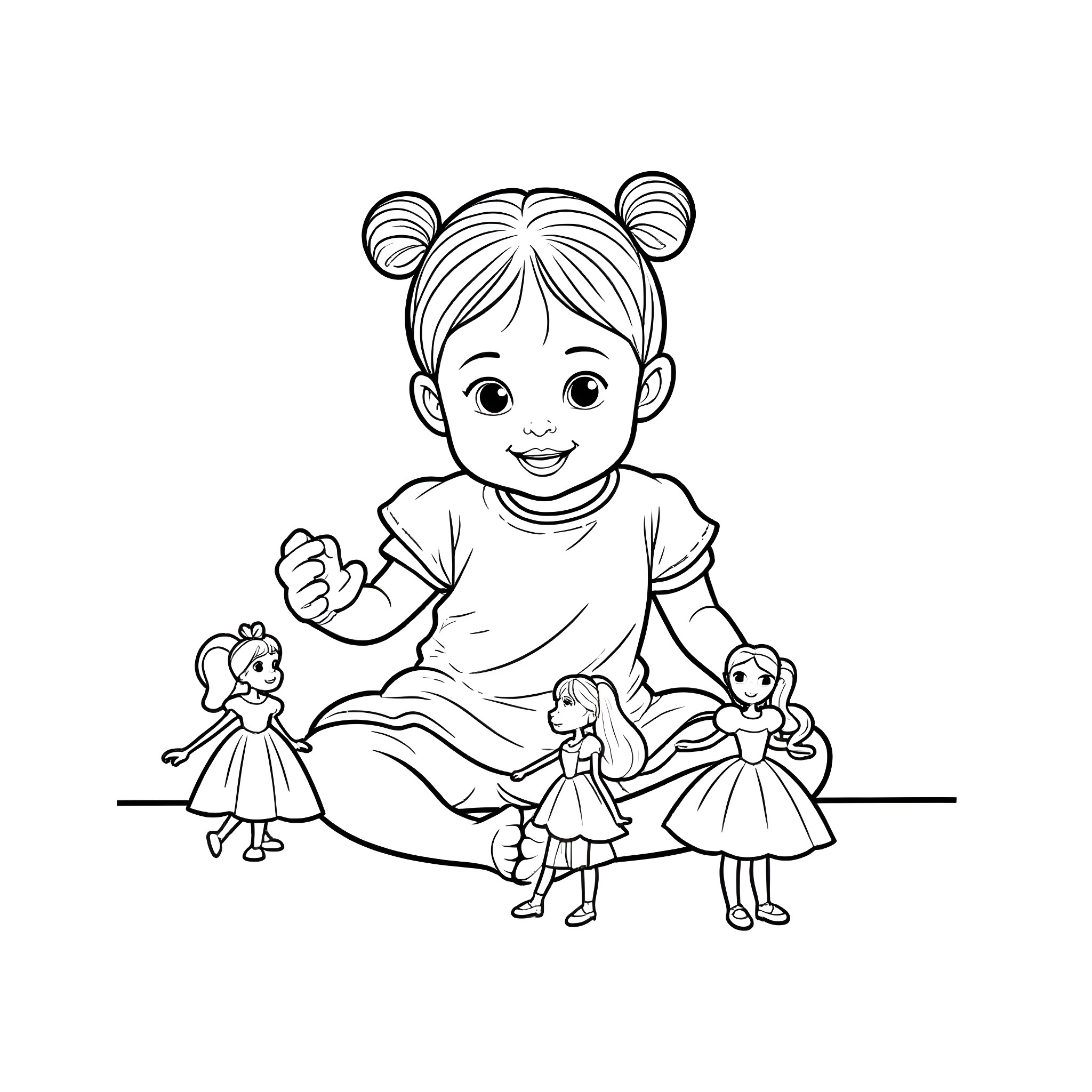 Toddler playing happily with dolls Coloring Page (free black-and-white line drawing printable PDF for all, from beginners to advanced learners, including children, teens, adults, and seniors)