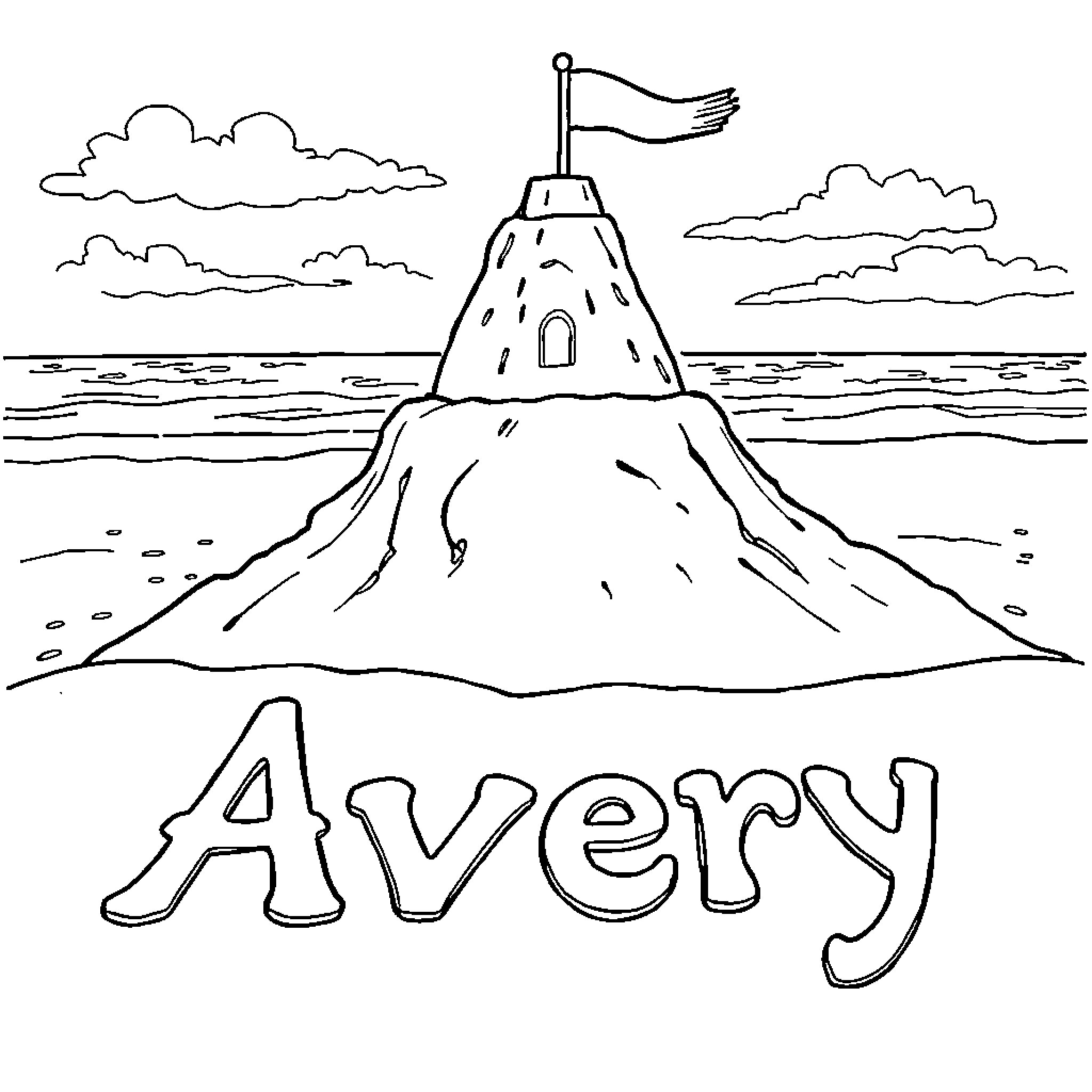 Sandcastle on the seaside with a flag Coloring Page (free black-and-white line drawing printable PDF for all, from beginners to advanced learners, including children, teens, adults, and seniors)