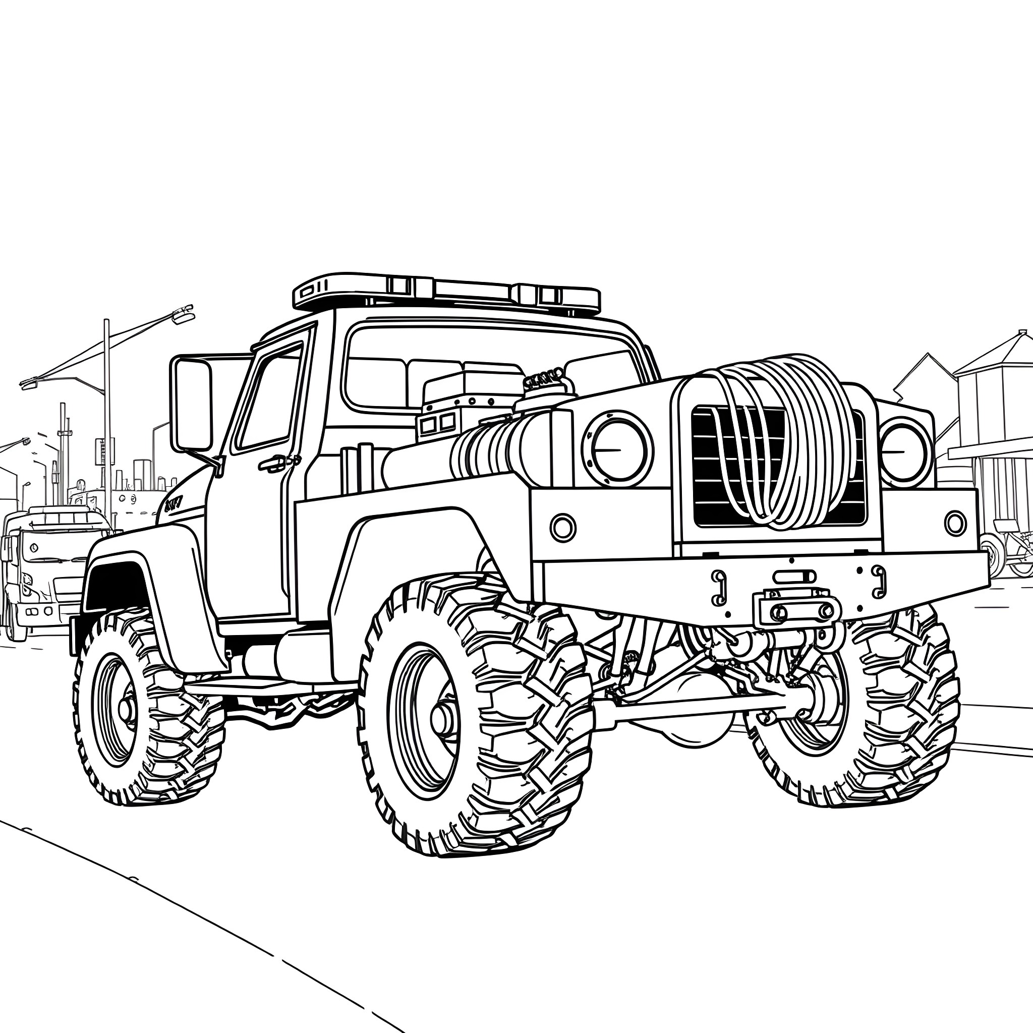 Rollback Truck with Oversized Tires and Accessories Coloring Page (free black-and-white line drawing printable PDF for all, from beginners to advanced learners, including children, teens, adults, and seniors)
