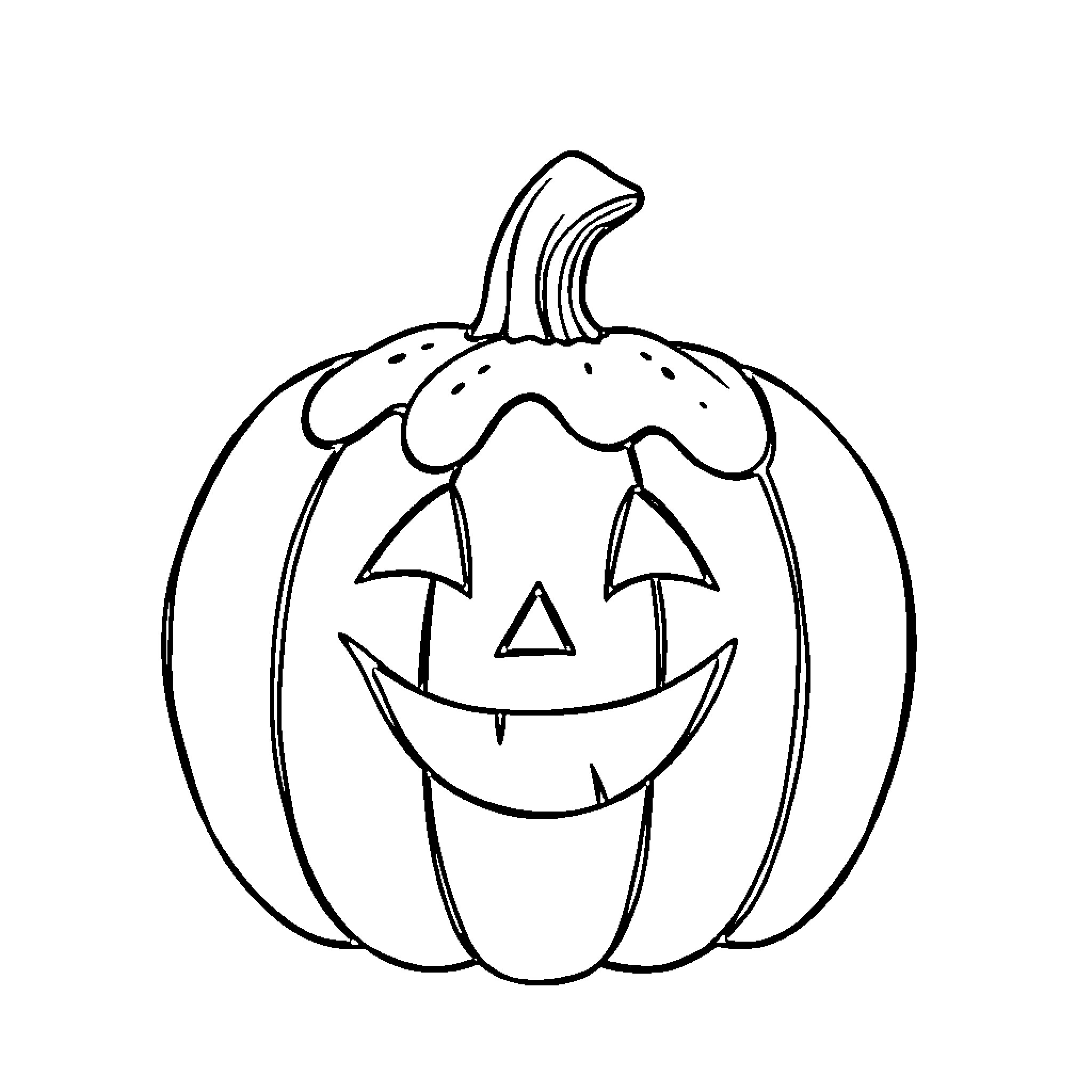 Pumpkin with a happy jack-o'-lantern face Coloring Page (free black-and-white line drawing printable PDF for all, from beginners to advanced learners, including children, teens, adults, and seniors)