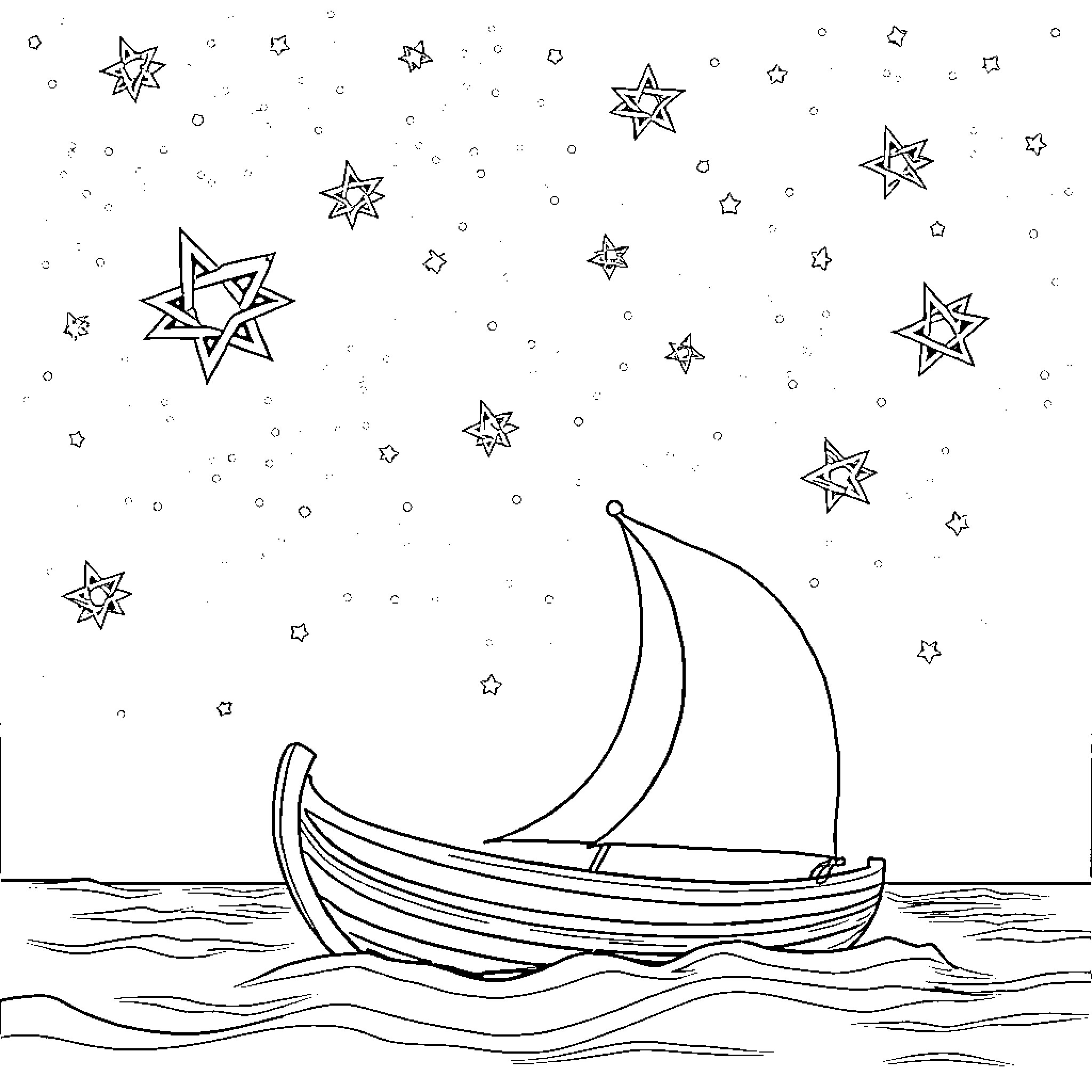 Token Sailing Boat Under Starry Night Sky Coloring Page (free black-and-white line drawing printable PDF for all, from beginners to advanced learners, including children, teens, adults, and seniors)