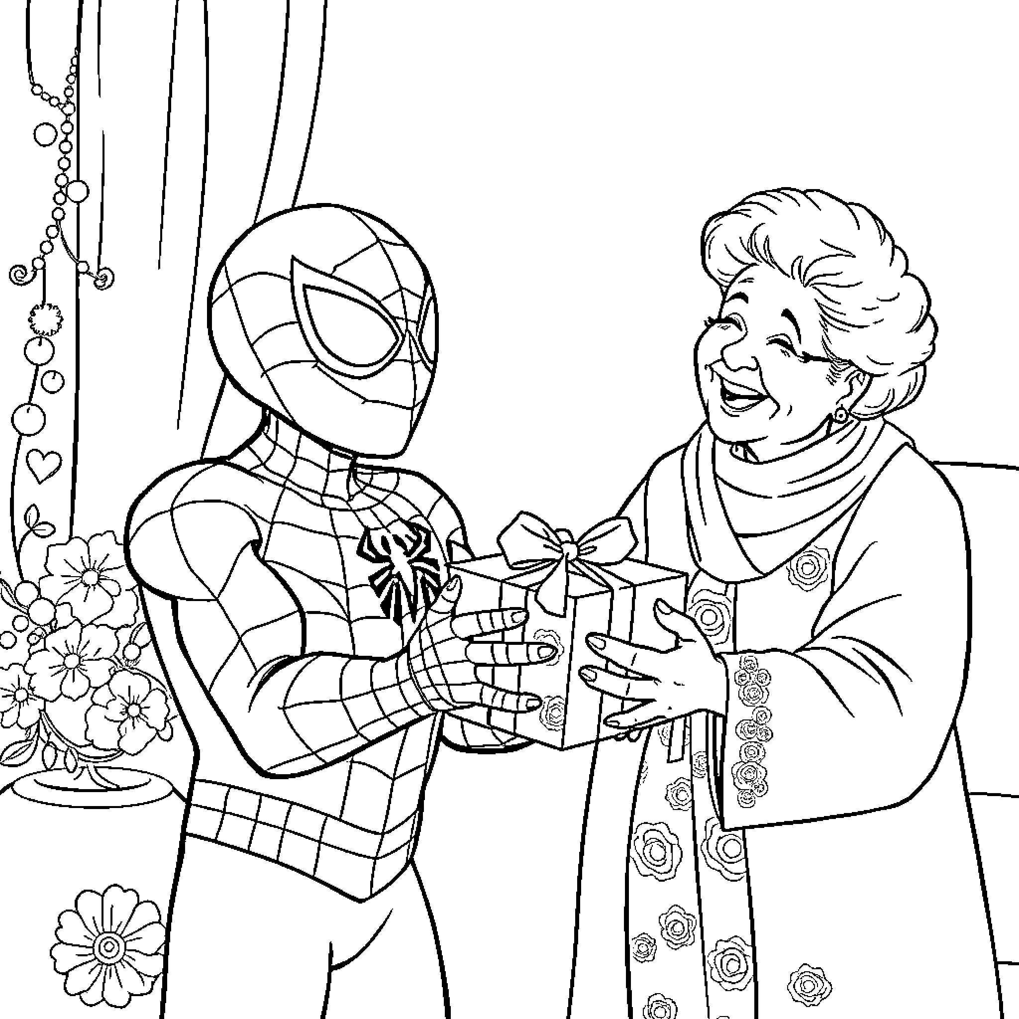 Spiderman Surprises Grandmother with Gift Coloring Page (free black-and-white line drawing printable PDF for all, from beginners to advanced learners, including children, teens, adults, and seniors)