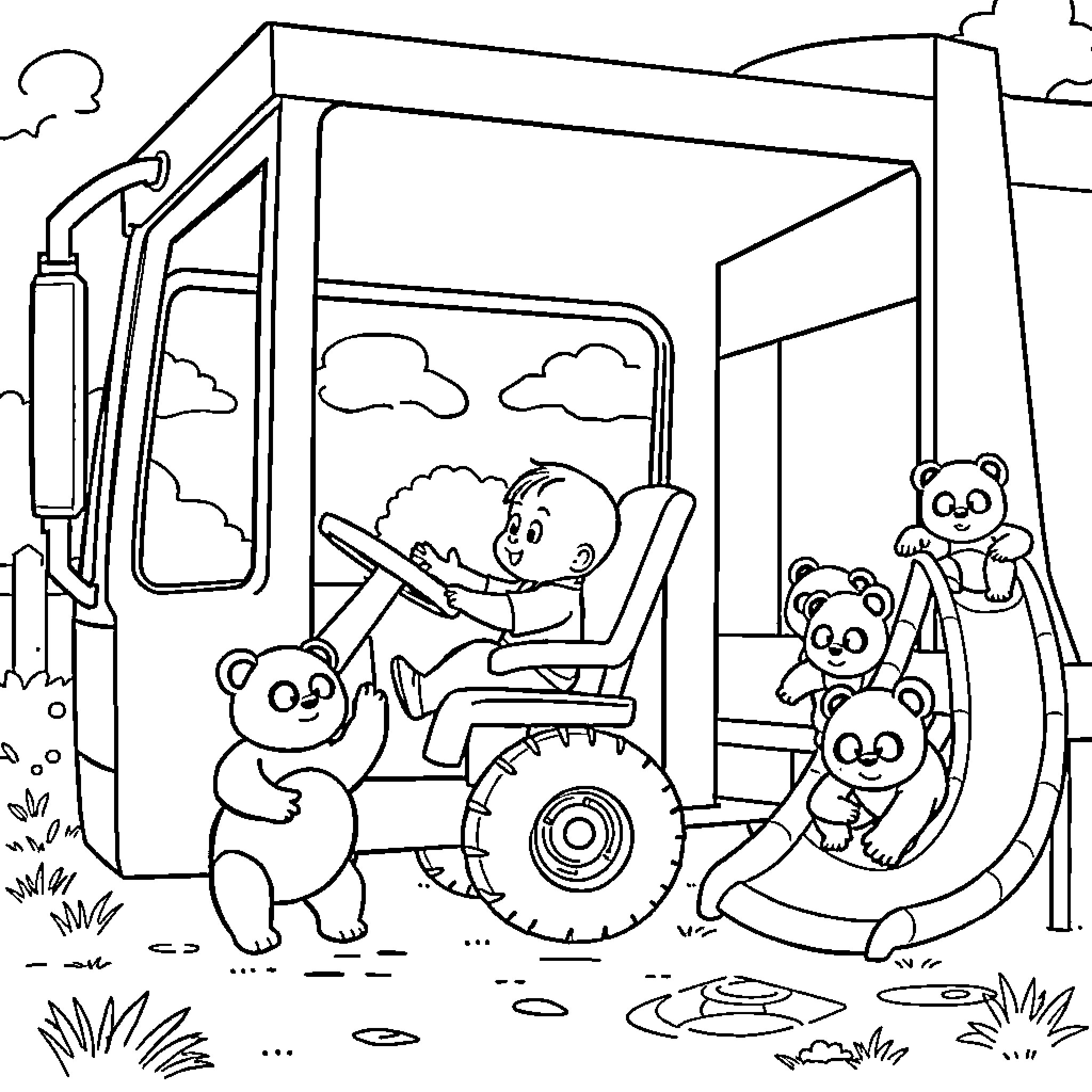 Baby driving tractor with cute animals Coloring Page (free black-and-white line drawing printable PDF for all, from beginners to advanced learners, including children, teens, adults, and seniors)