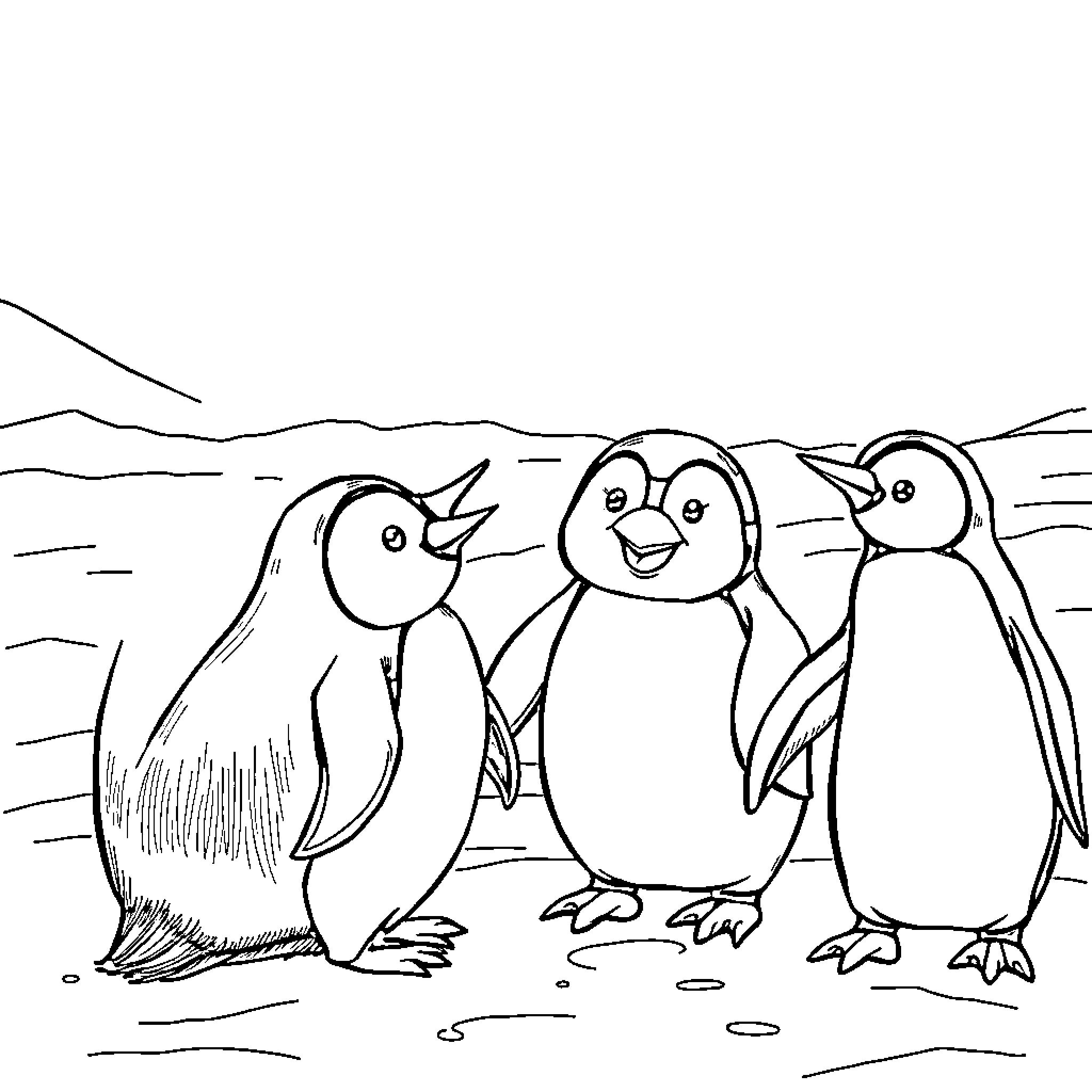 Penguin friends chatting and exploring together Coloring Page (free black-and-white line drawing printable PDF for all, from beginners to advanced learners, including children, teens, adults, and seniors)