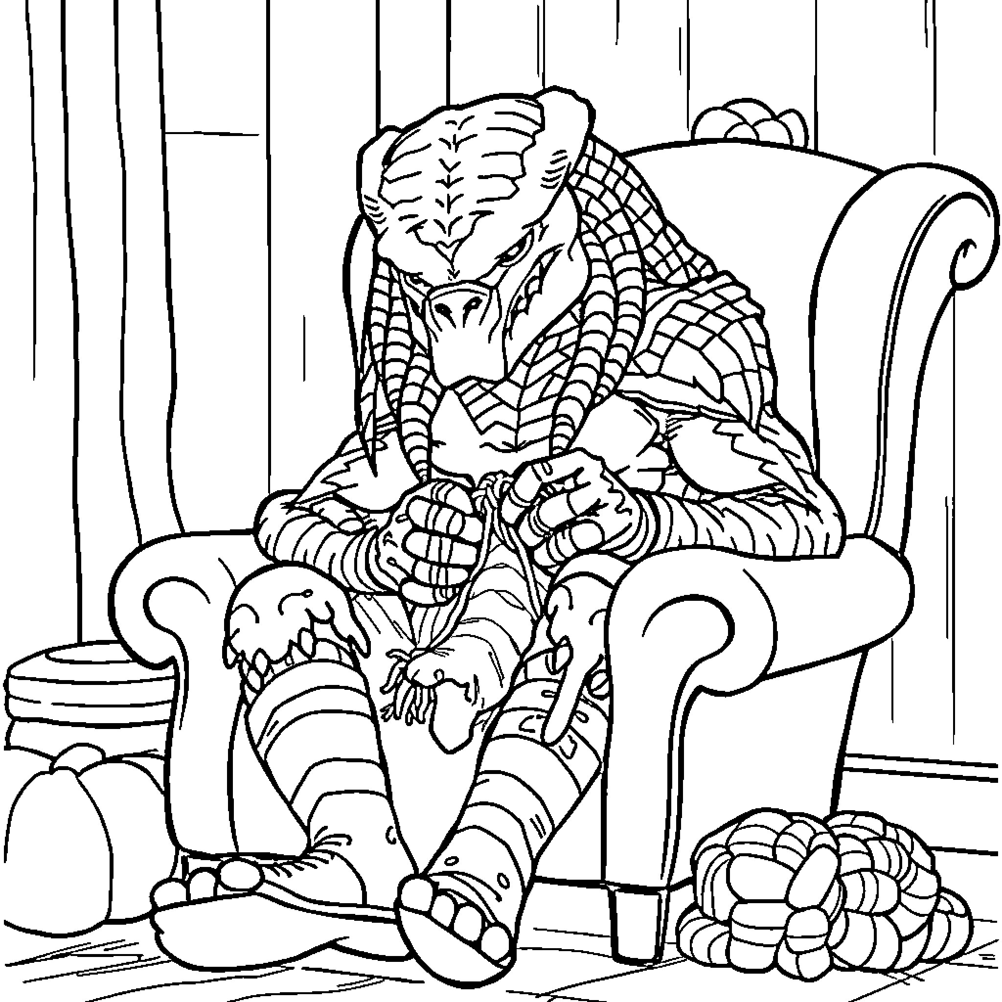 Predator lounging menacingly in a shadowy lair Coloring Page (free black-and-white line drawing printable PDF for all, from beginners to advanced learners, including children, teens, adults, and seniors)